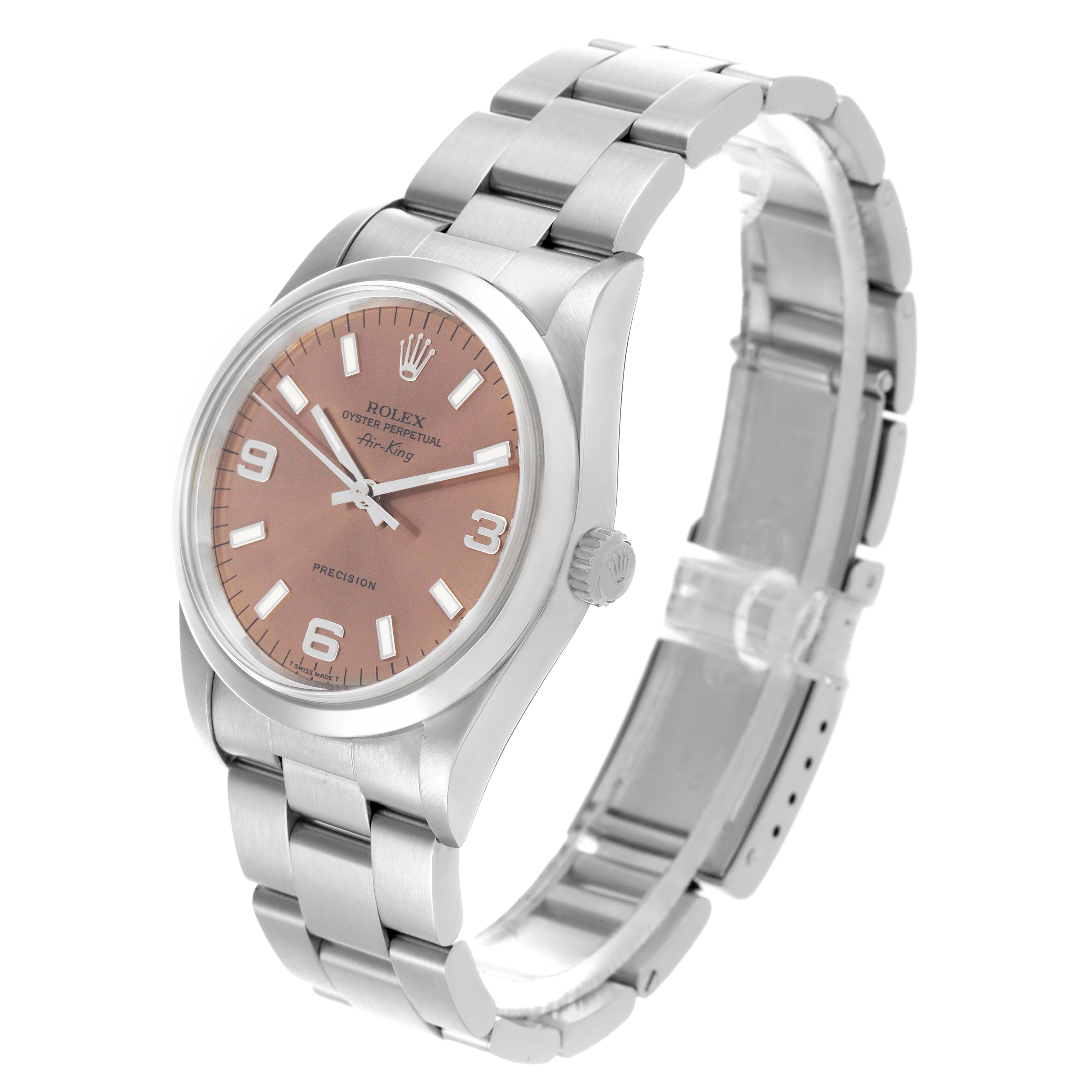 The Rolex Air-King 14000 Men's Stainless Steel Pink Dial 14000 Men's Stainless Steel Pink Dial watch is shown at a slight angle, displaying the face, bezel, bracelet, and crown.