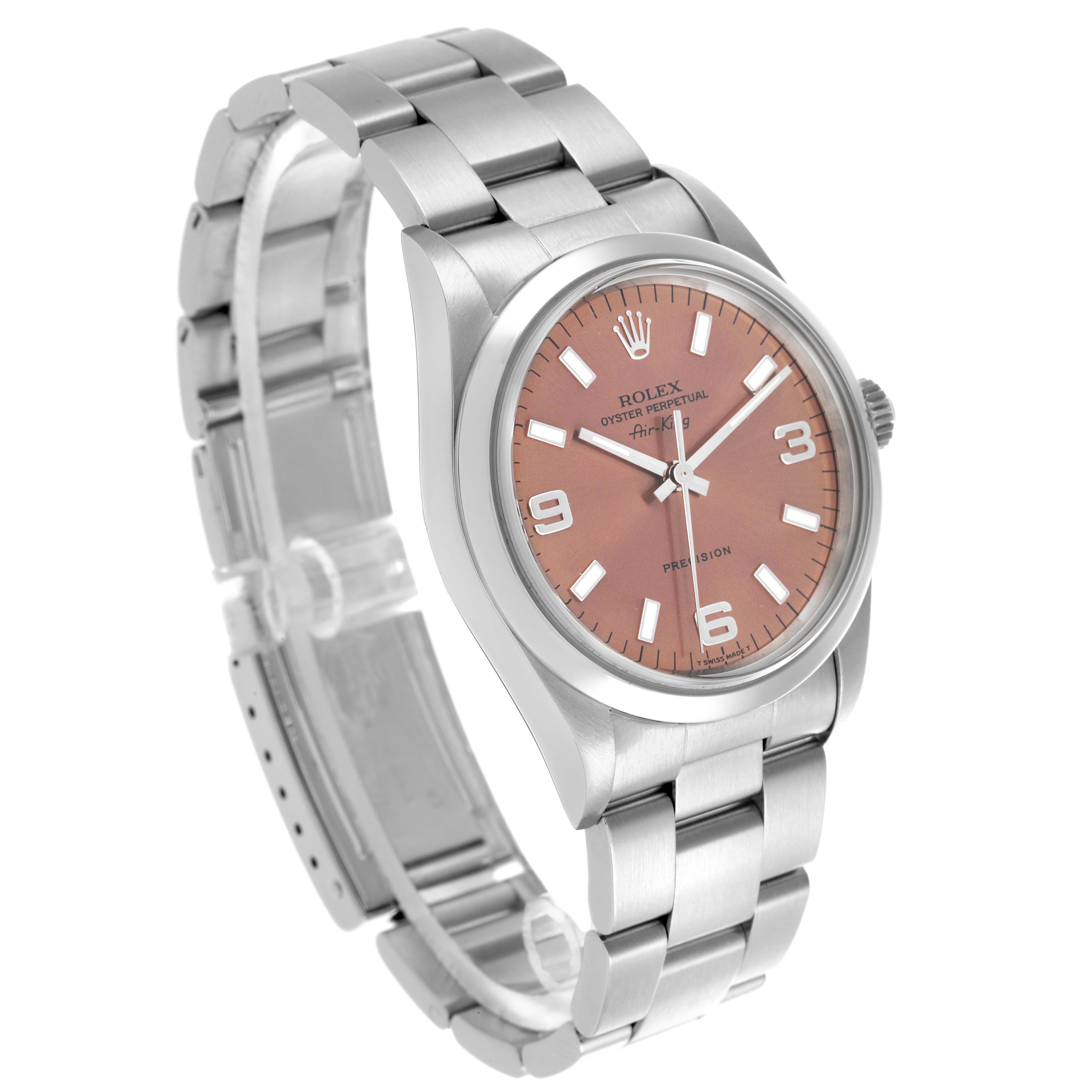 The Rolex Air-King 14000 Men's Stainless Steel Pink Dial 14000 Men's Stainless Steel Pink Dial watch is shown at a slightly tilted angle, displaying the face, bezel, and part of the stainless steel bracelet.
