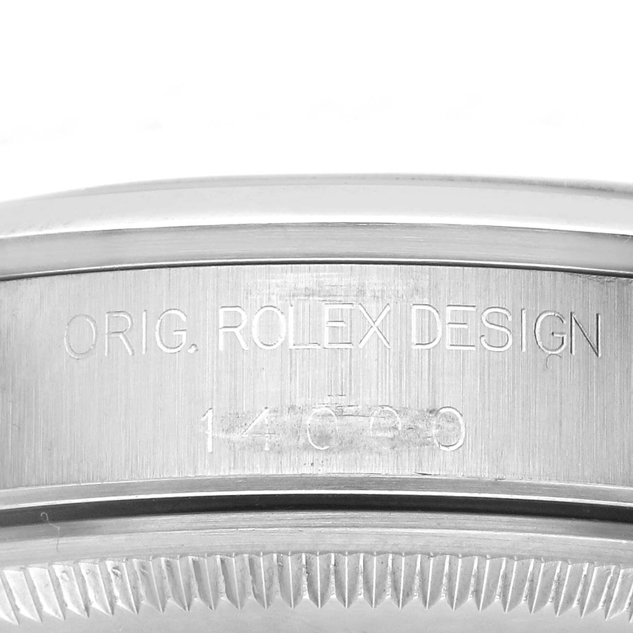 The image shows the side view of a Rolex Air-King 14000 Men's Stainless Steel Pink Dial 14000 Men's Stainless Steel Pink Dial watch, highlighting the engraved bezel with "ORIG. ROLEX DESIGN."