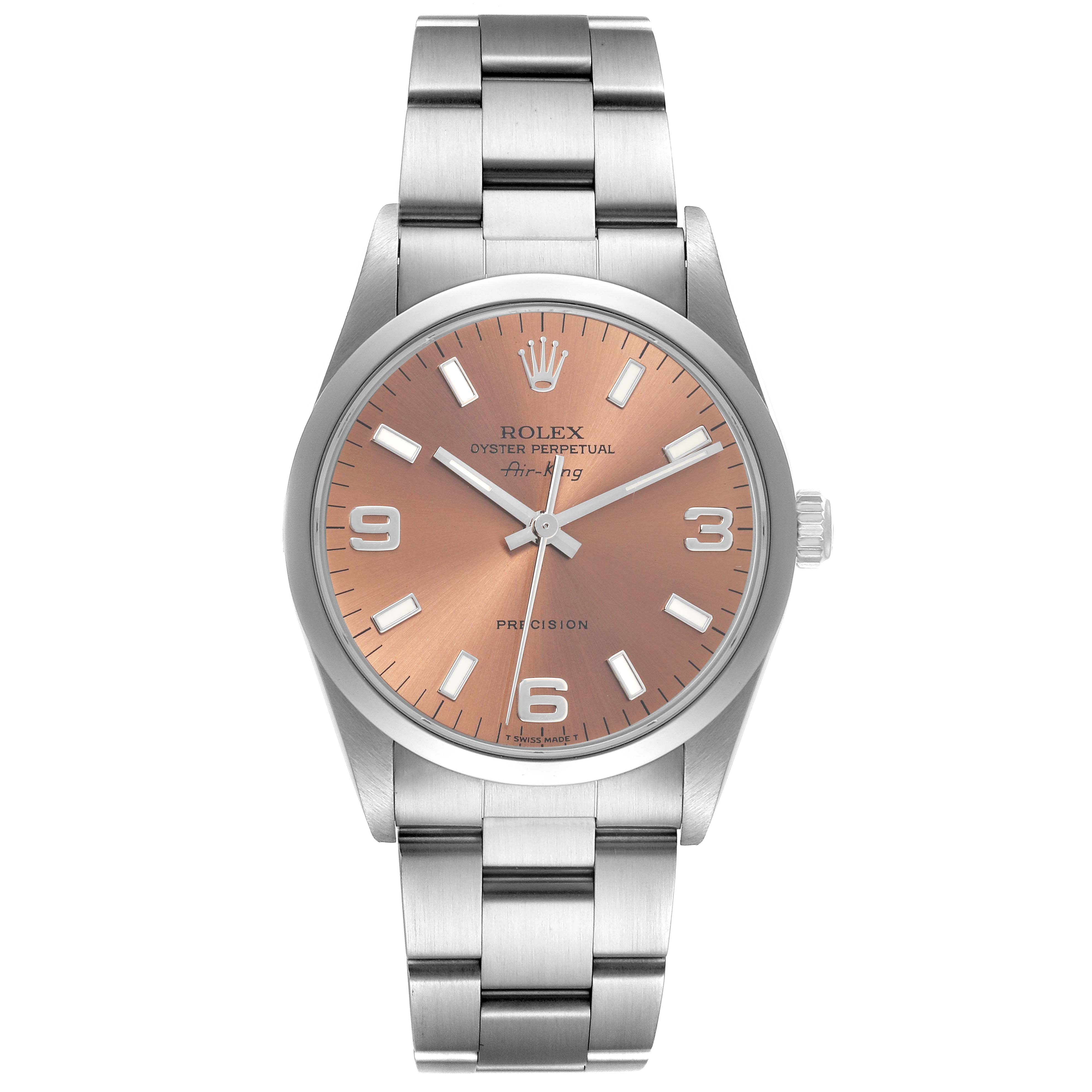 The Rolex Air-King 14000 Men's Stainless Steel Pink Dial 14000 Men's Stainless Steel Pink Dial watch is shown from a frontal angle, displaying the bracelet and face with a copper dial.