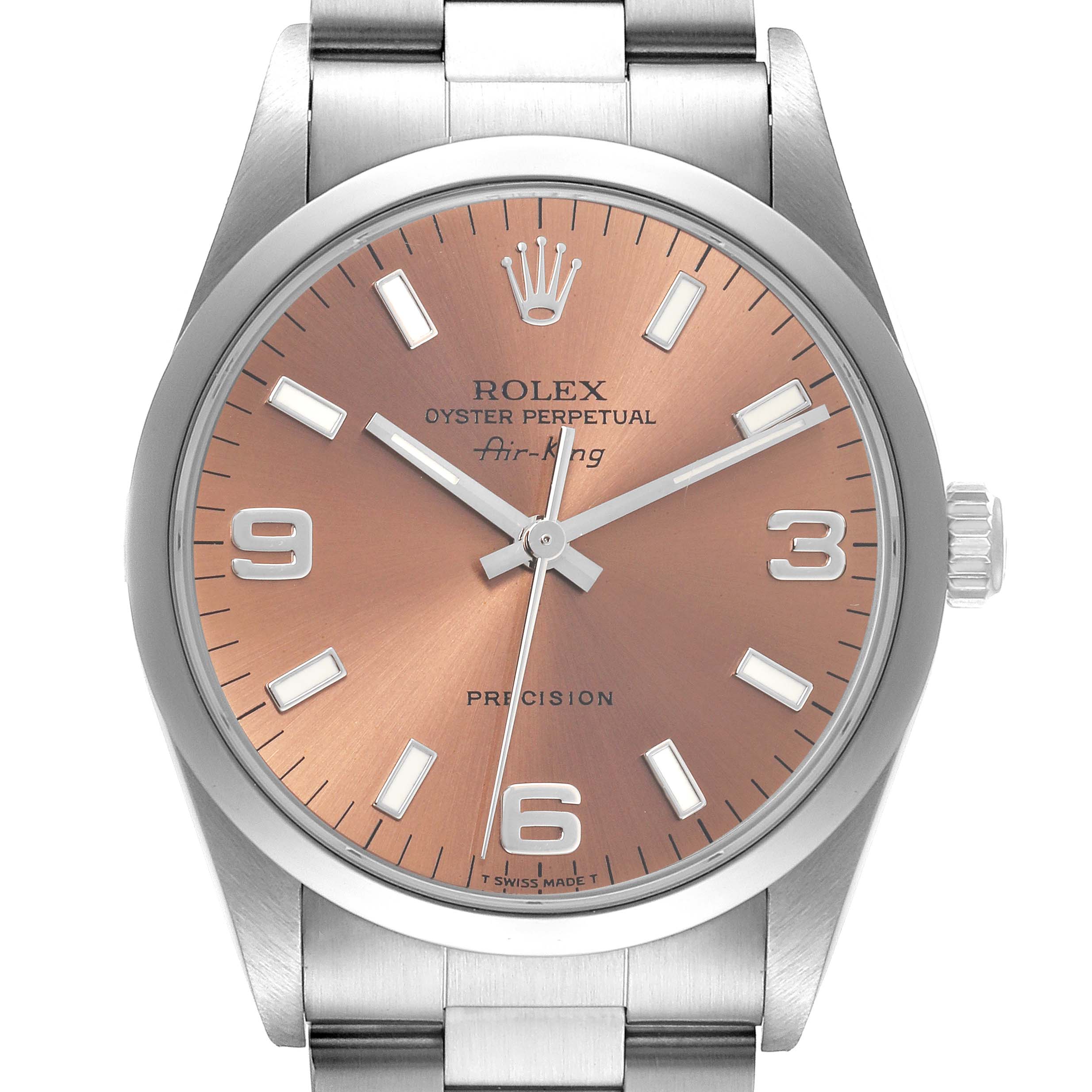 The Rolex Air-King 14000 Men's Stainless Steel Pink Dial 14000 Men's Stainless Steel Pink Dial is shown from a top-down angle, highlighting the dial, hands, and bracelet.