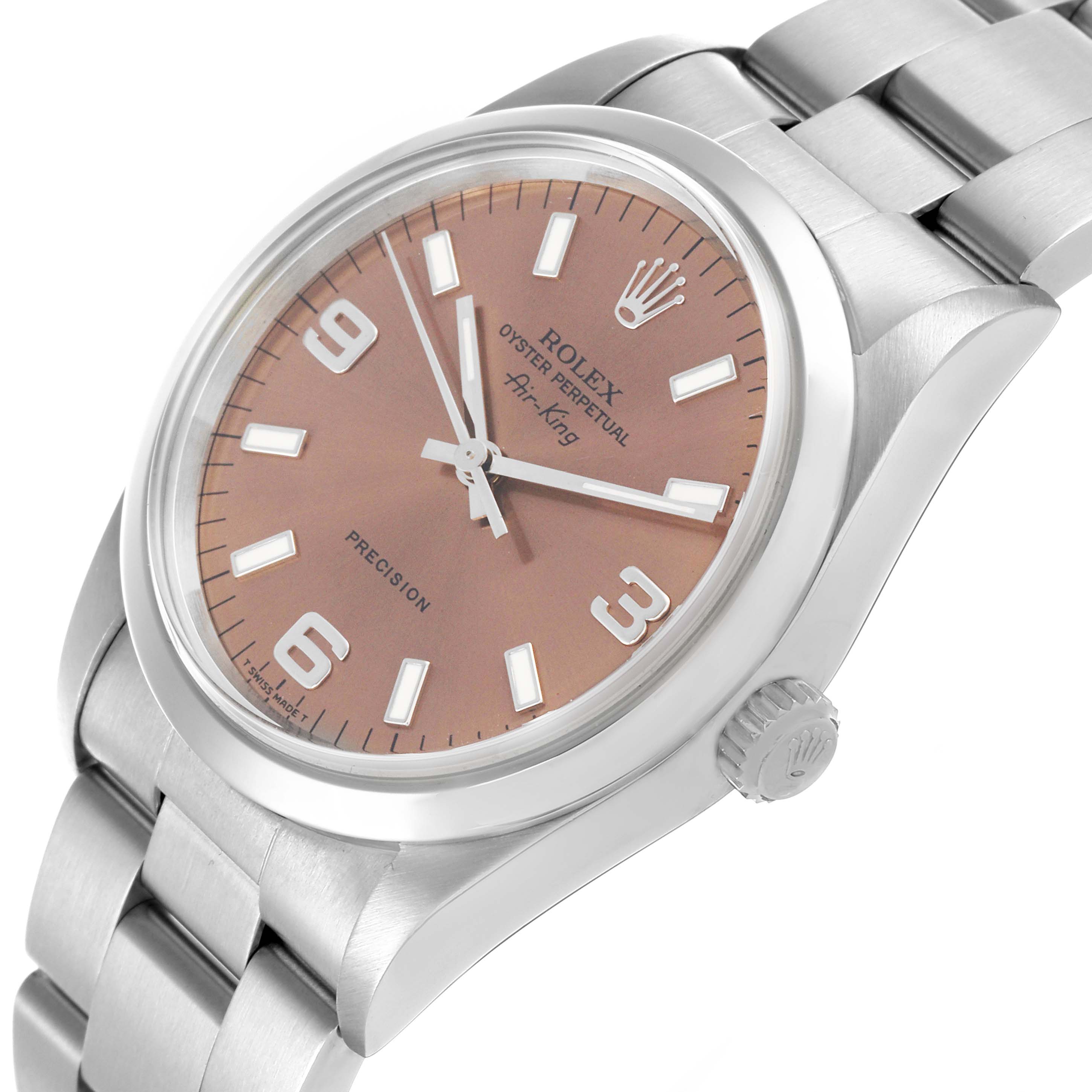 The image shows a Rolex Air-King 14000 Men's Stainless Steel Pink Dial 14000 Men's Stainless Steel Pink Dial watch at an angle highlighting the dial, bezel, crown, and part of the bracelet.