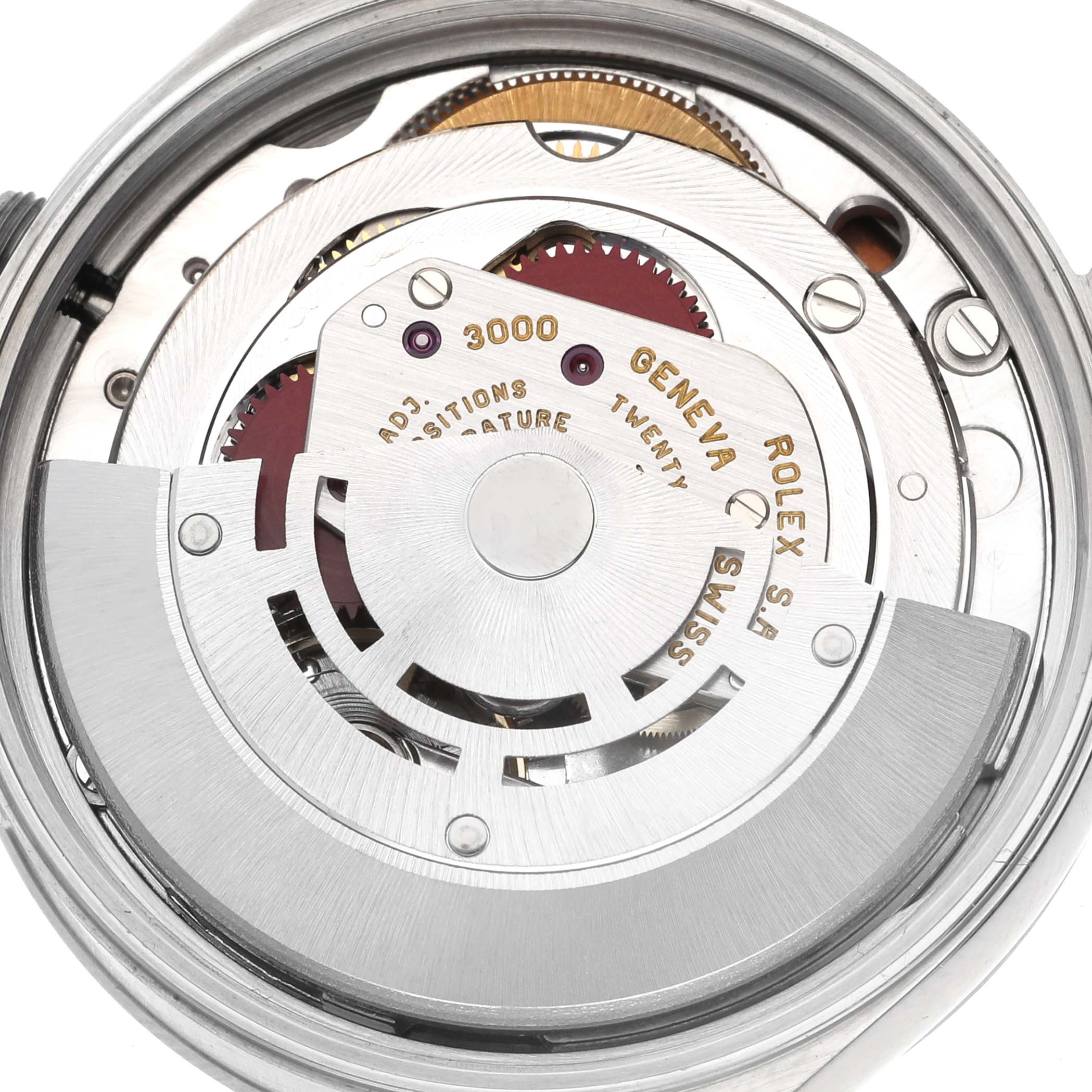 The image shows the movement mechanism of a Rolex Air-King 14000 Men's Stainless Steel Pink Dial 14000 Men's Stainless Steel Pink Dial watch from a top-down angle.