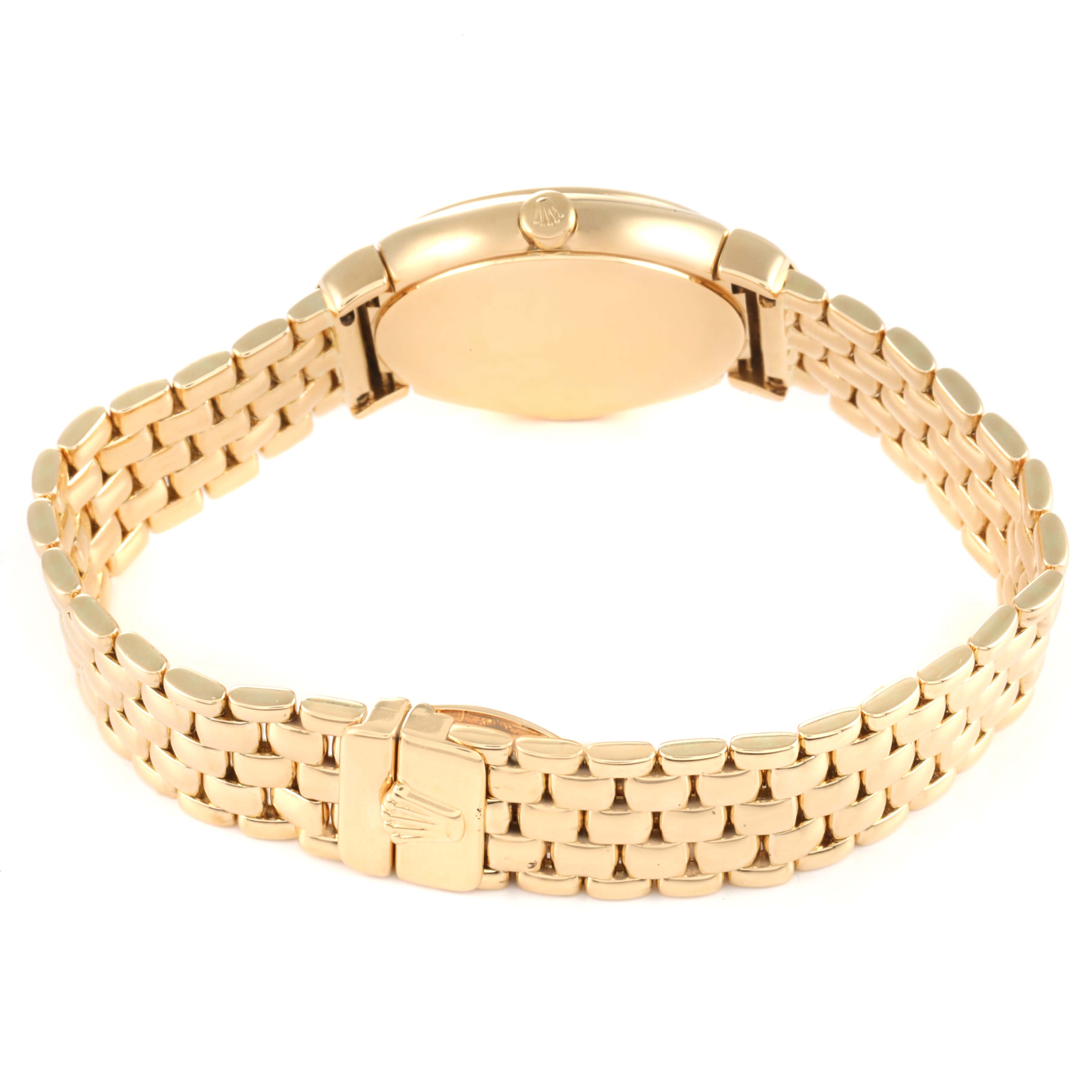 The image shows the back view of a Rolex Cellini 6621 Women's Yellow Gold Champagne Dial 6621 Women's Yellow Gold Champagne Dial watch, featuring its gold bracelet and clasp.
