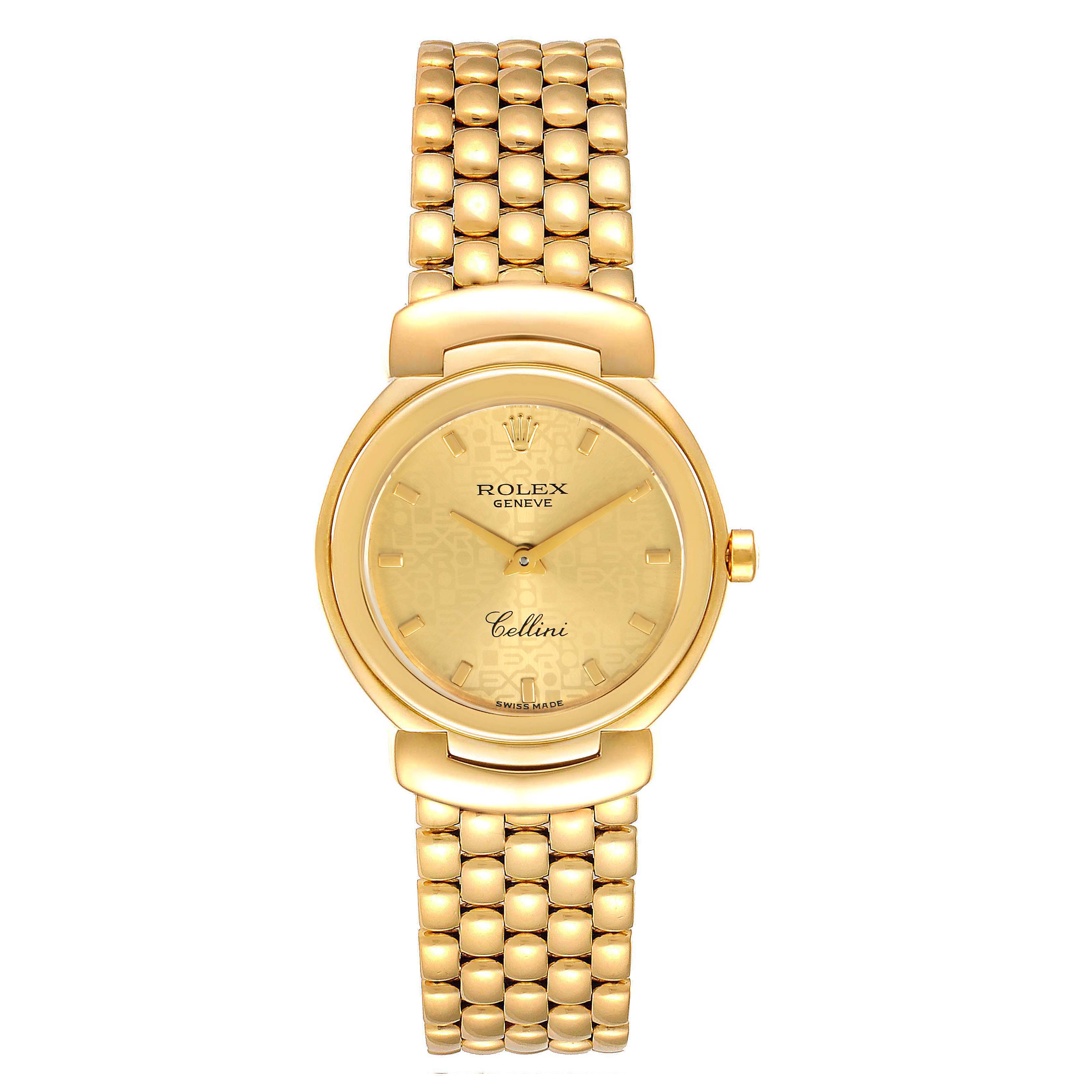 The image shows a front view of the Rolex Cellini 6621 Women's Yellow Gold Champagne Dial 6621 Women's Yellow Gold Champagne Dial watch, displaying its gold case, dial, and bracelet.