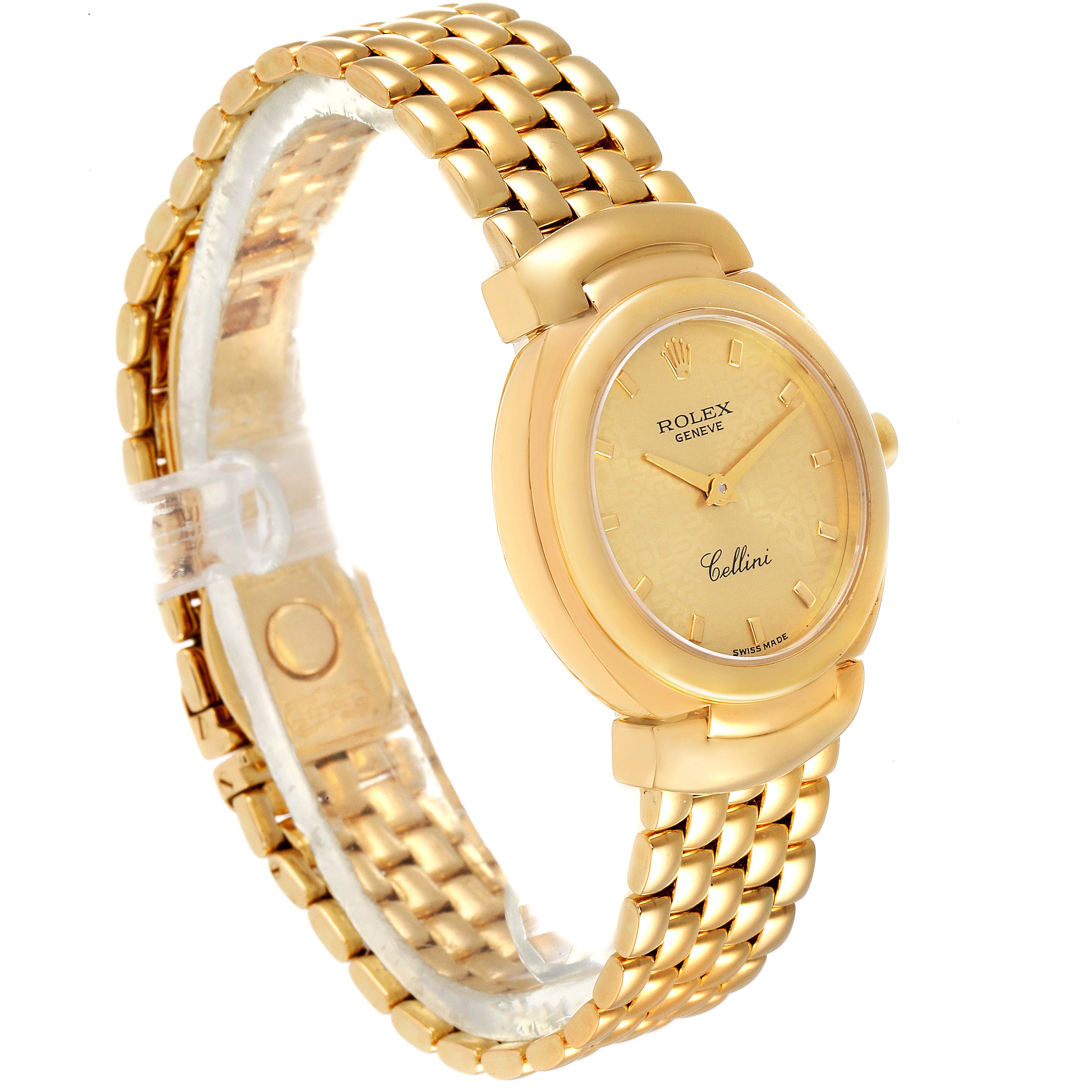 This image shows a side view of a gold Rolex Cellini 6621 Women's Yellow Gold Champagne Dial 6621 Women's Yellow Gold Champagne Dial watch showcasing the dial, bezel, and bracelet.