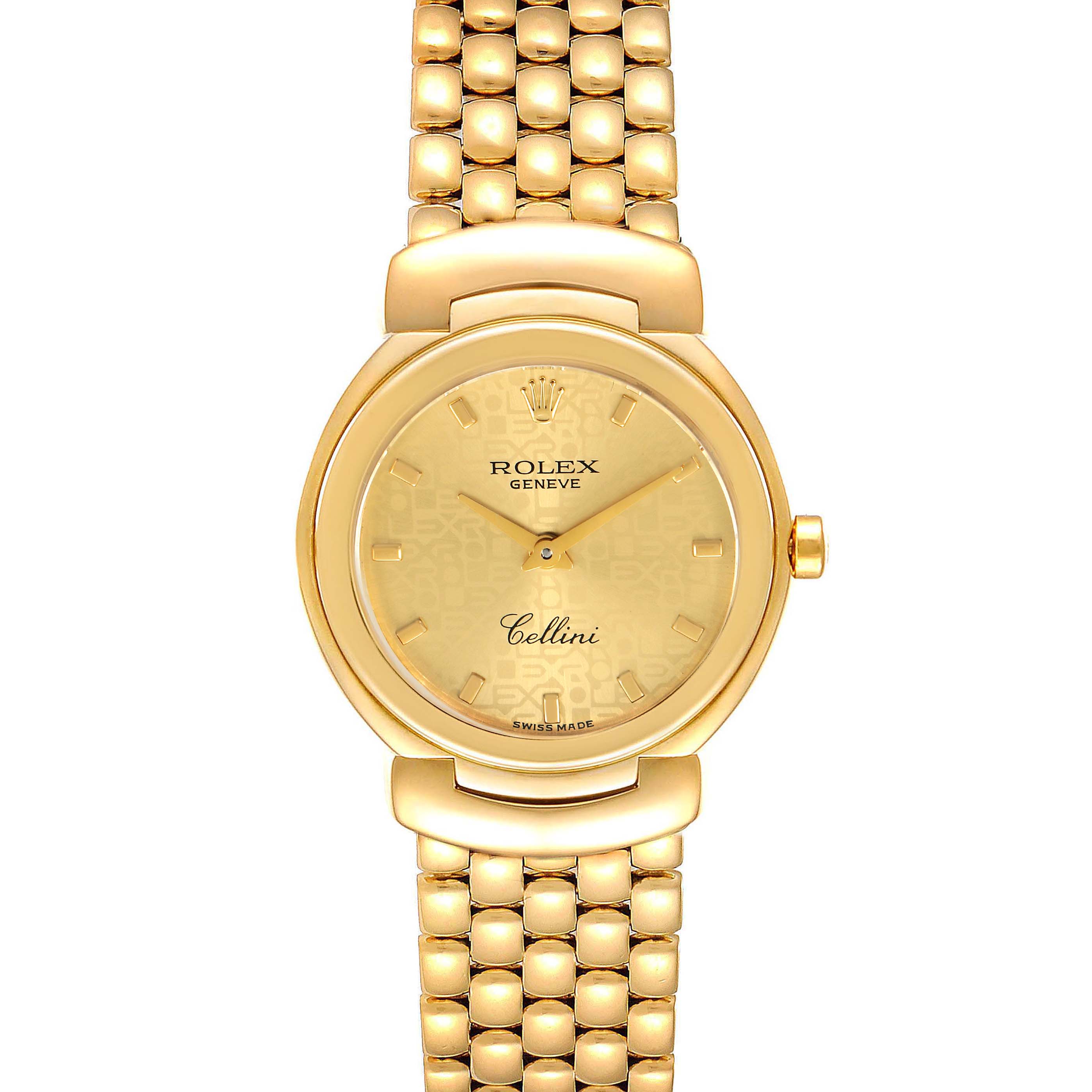 This image shows a Rolex Cellini 6621 Women's Yellow Gold Champagne Dial 6621 Women's Yellow Gold Champagne Dial watch from a front angle, displaying its gold dial, case, and bracelet.