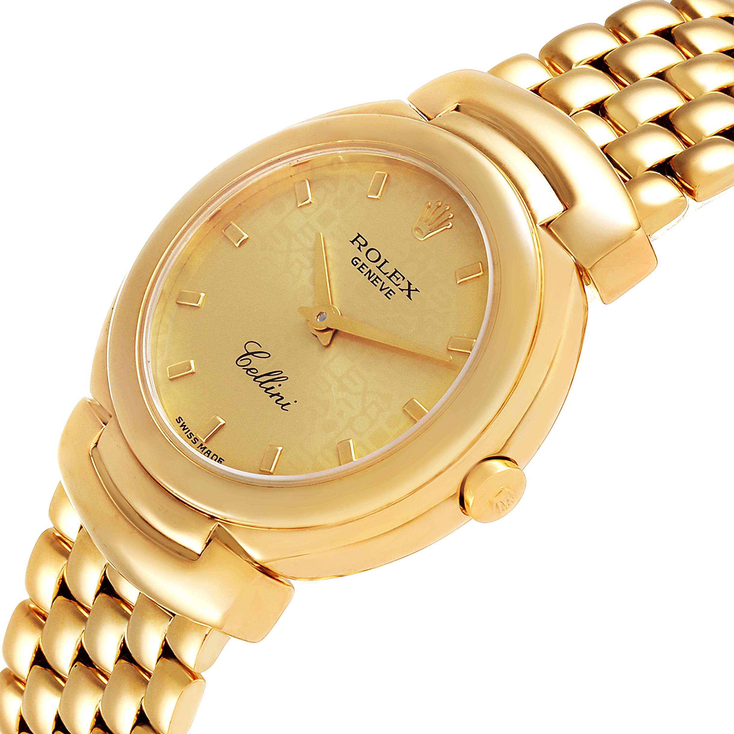 This image shows a Rolex Cellini 6621 Women's Yellow Gold Champagne Dial 6621 Women's Yellow Gold Champagne Dial watch at an angled view, highlighting the gold dial, crown, and bracelet.