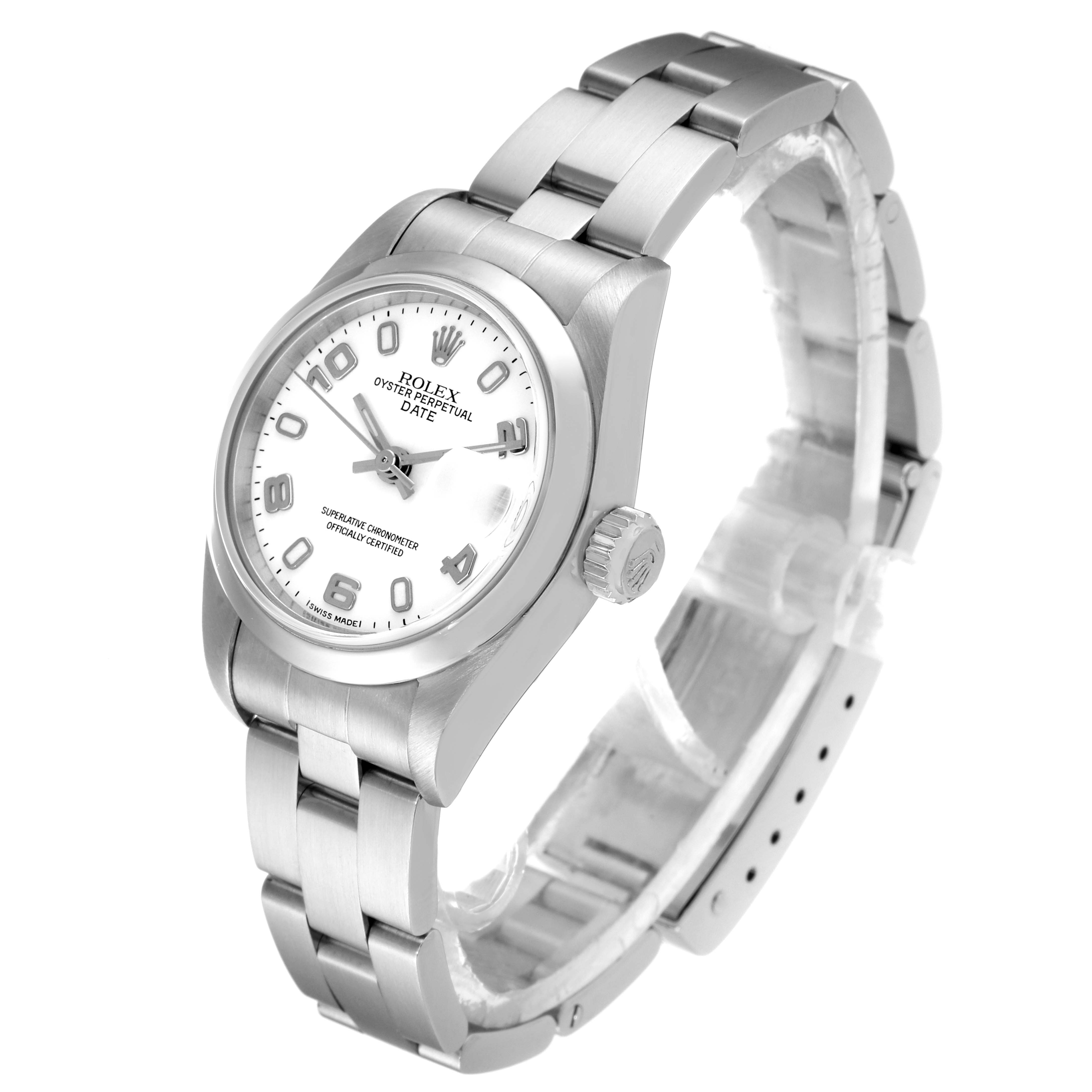This image features a Rolex Date 79160 Women's Stainless Steel White Dial 79160 Women's Stainless Steel White Dial model watch, angled to display the dial, case, crown, and partly open bracelet.