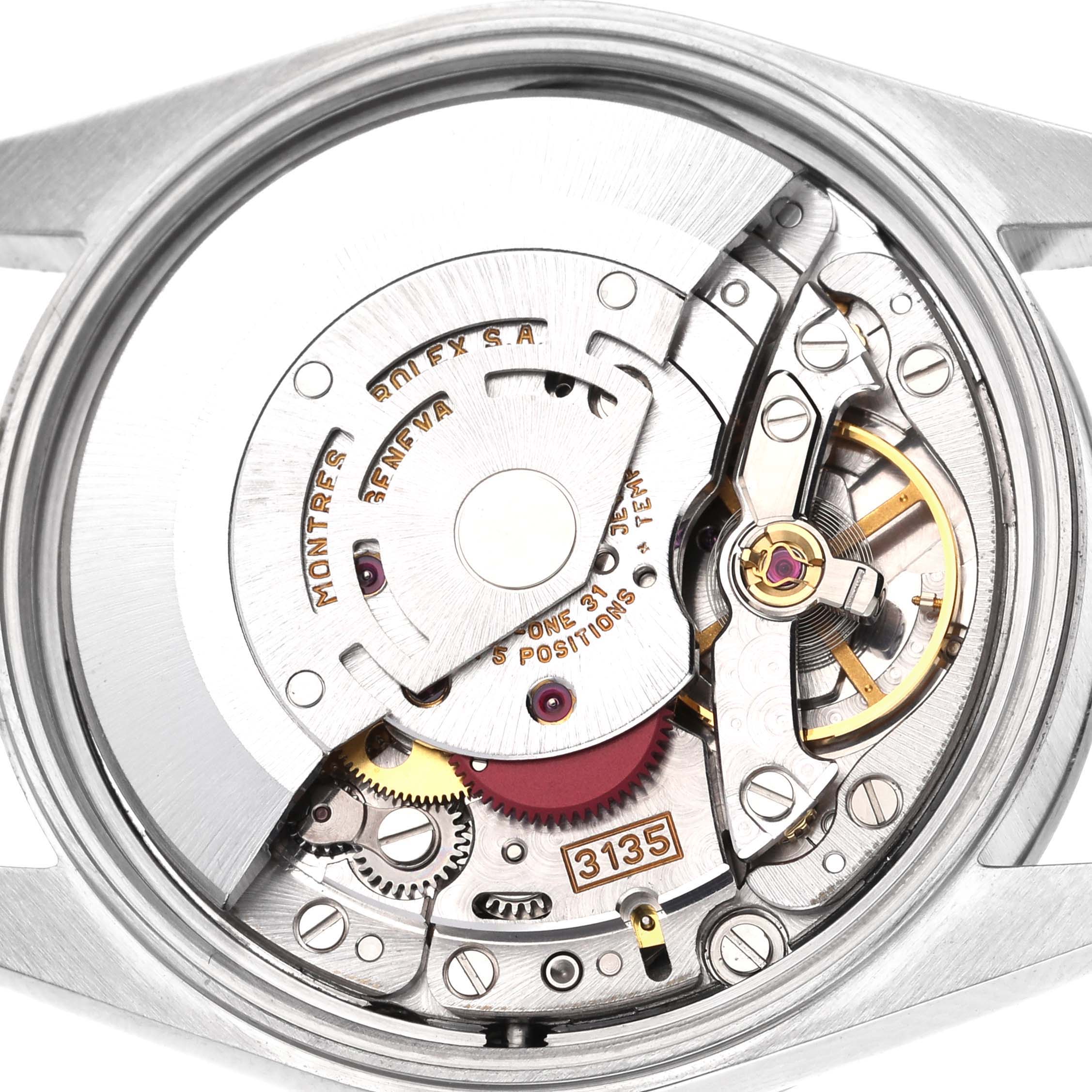 The image shows the Rolex Air-King watch movement from the back, highlighting the intricate internal mechanical parts.
