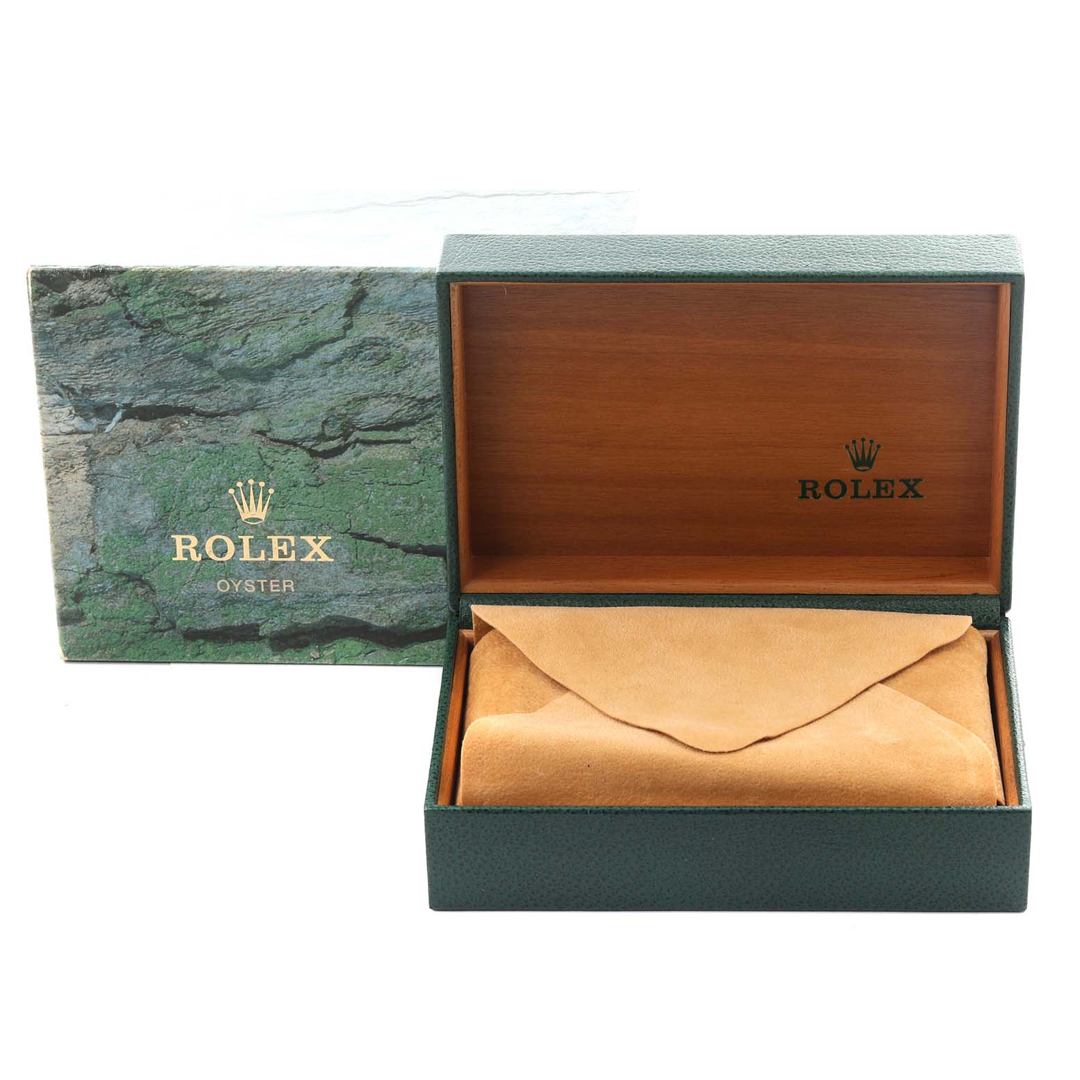 The image shows the Rolex Air-King watch box and inner leather pouch, with the box open and angled slightly from the front.