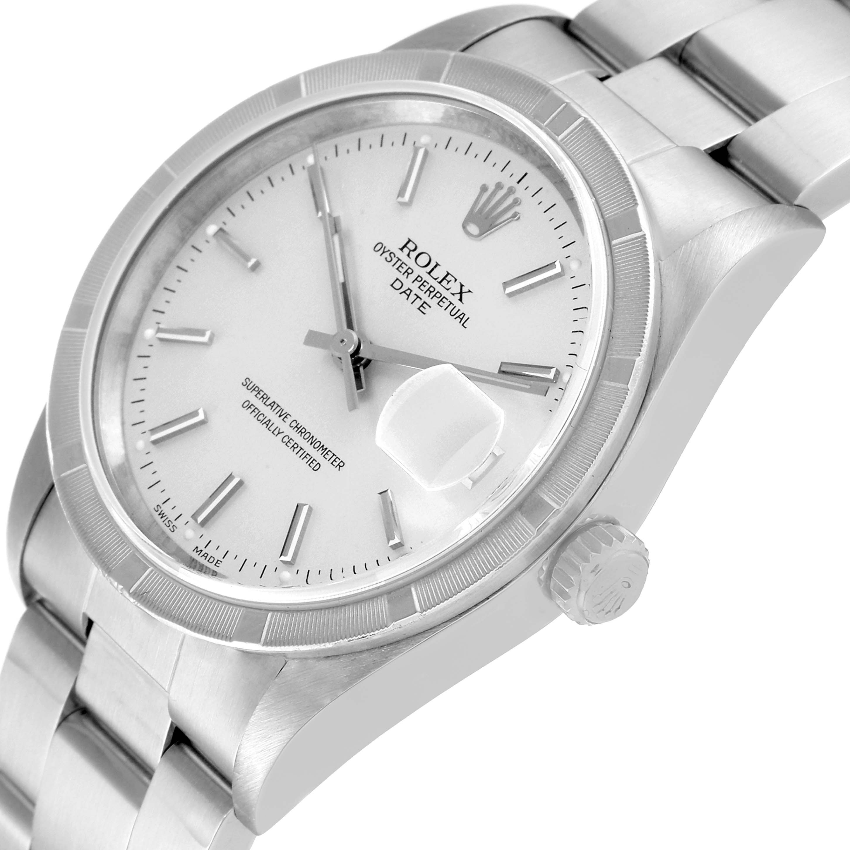 The image shows a Rolex Air-King watch at an angled top-down view, highlighting the dial, bezel, bracelet, and crown.