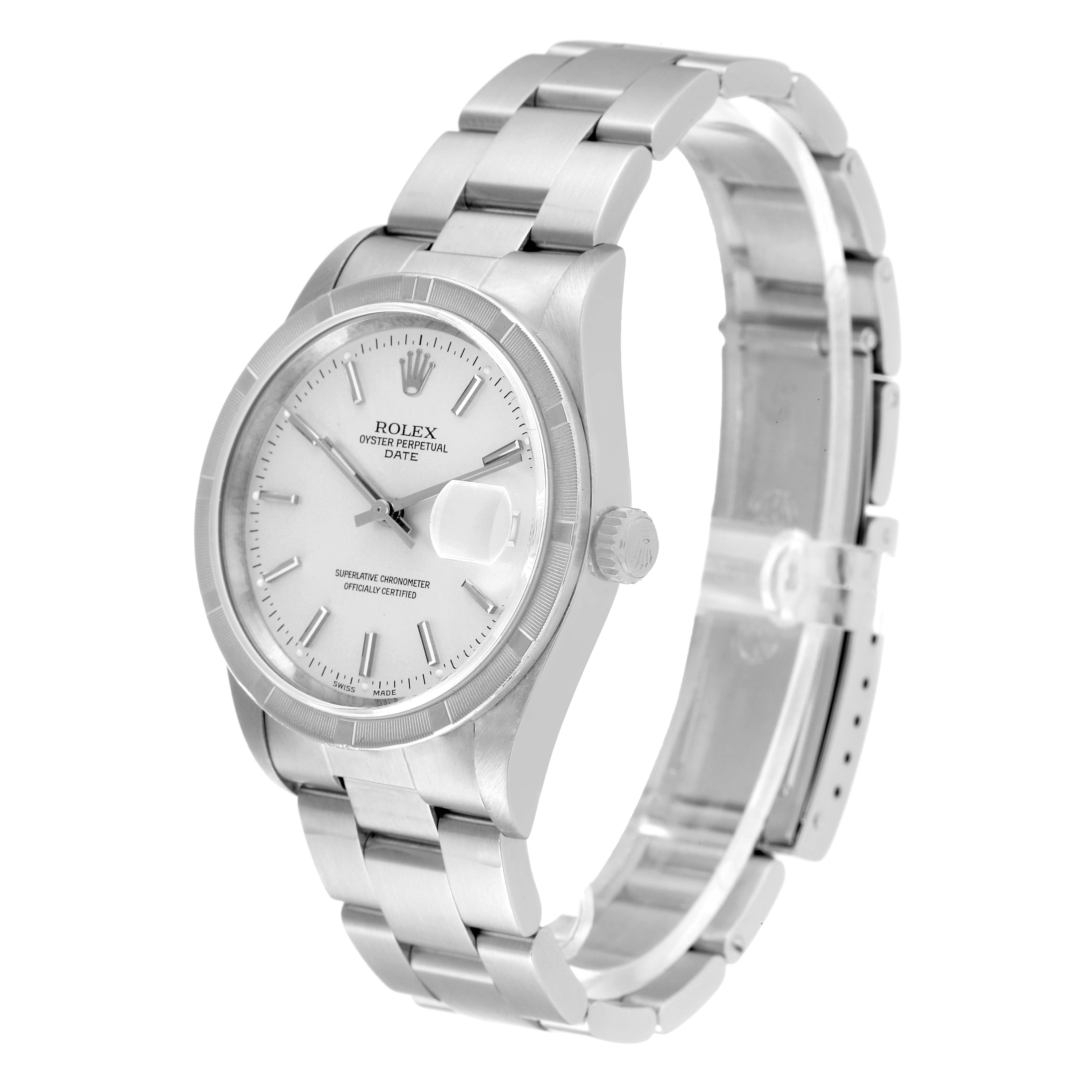 The image shows a side angle view of a Rolex Air-King watch, highlighting its face, bezel, crown, and bracelet.