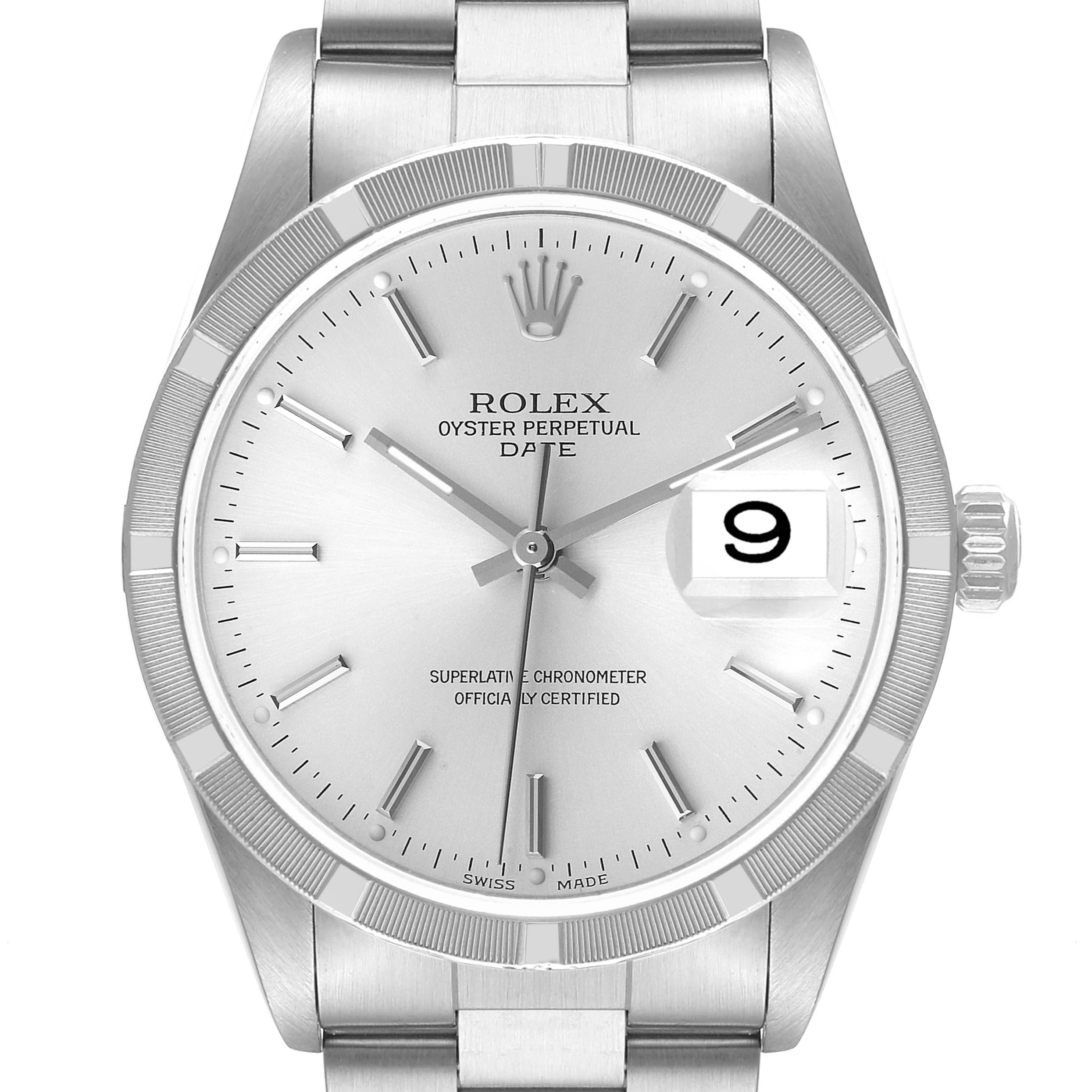 This image shows a front view of the Rolex Air-King watch, displaying the dial, date window, bezel, crown, and part of the bracelet.