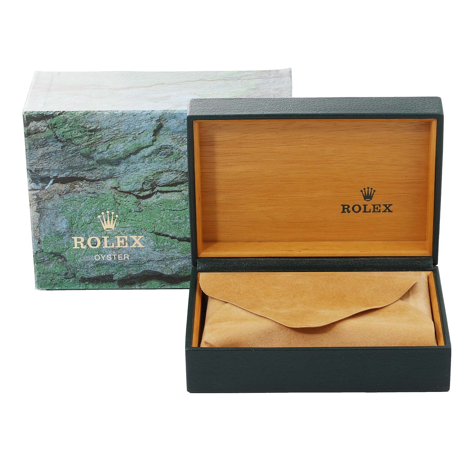 The image shows the open box and outer packaging for a Rolex Air-King watch.