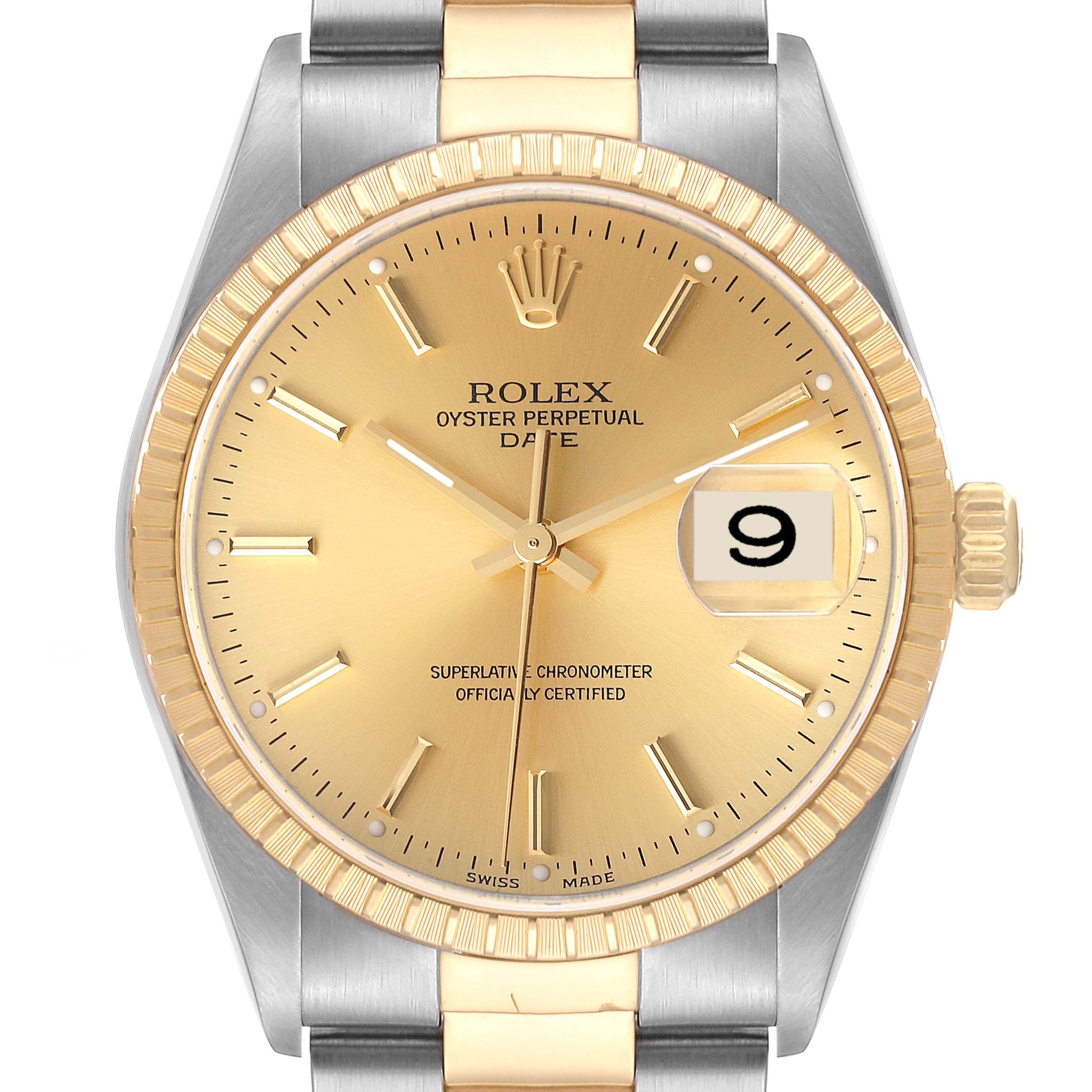 The Rolex Date 15223 Men
s Steel and Gold (two tone) Champagne Dial 15223 Men
s Steel and Gold (two tone) Champagne Dial model is shown from a front angle, displaying the dial, bezel, hands, and date window.