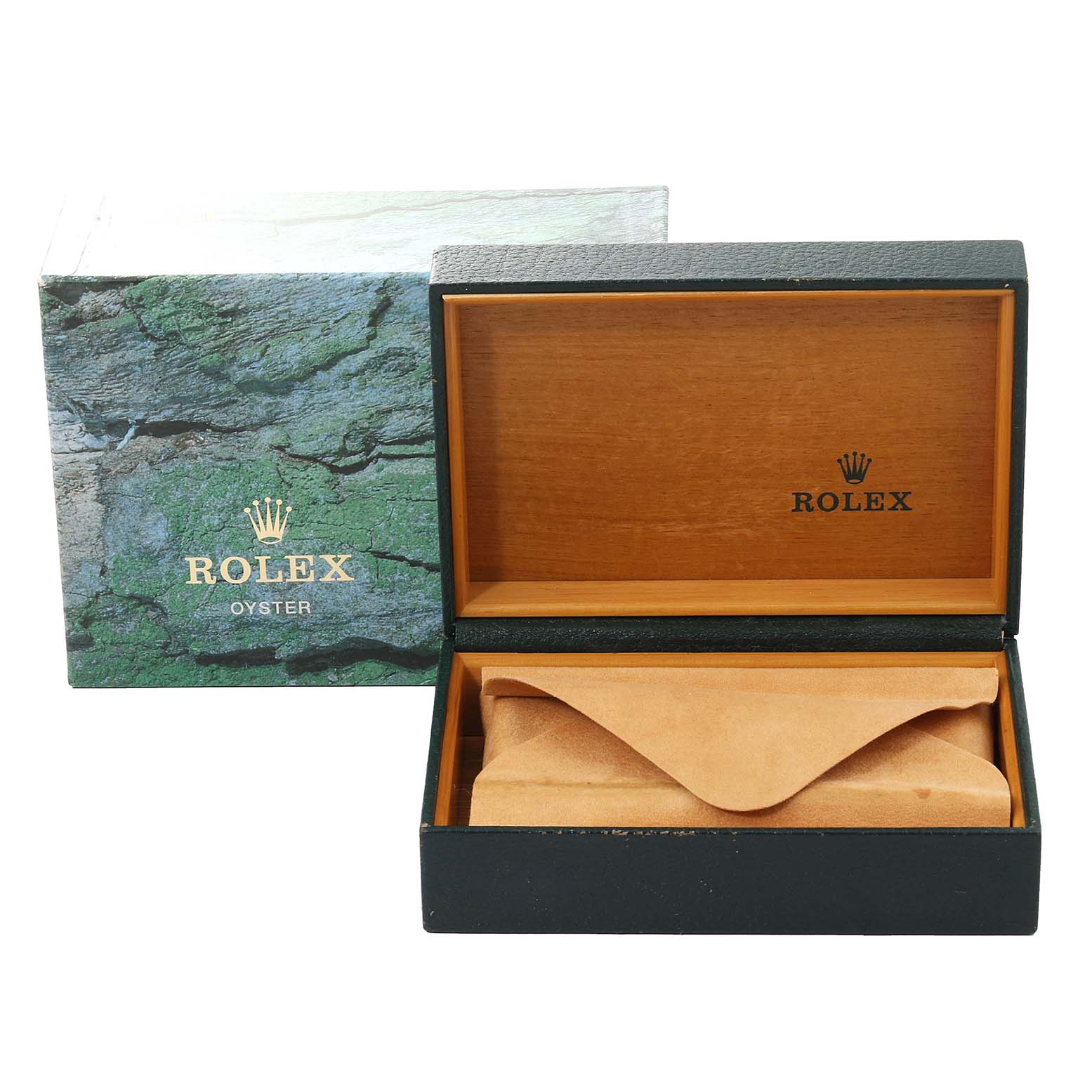 The image shows an open Rolex Date 15223 Men
s Steel and Gold (two tone) Champagne Dial 15223 Men
s Steel and Gold (two tone) Champagne Dial model watch box with its cover in the background.