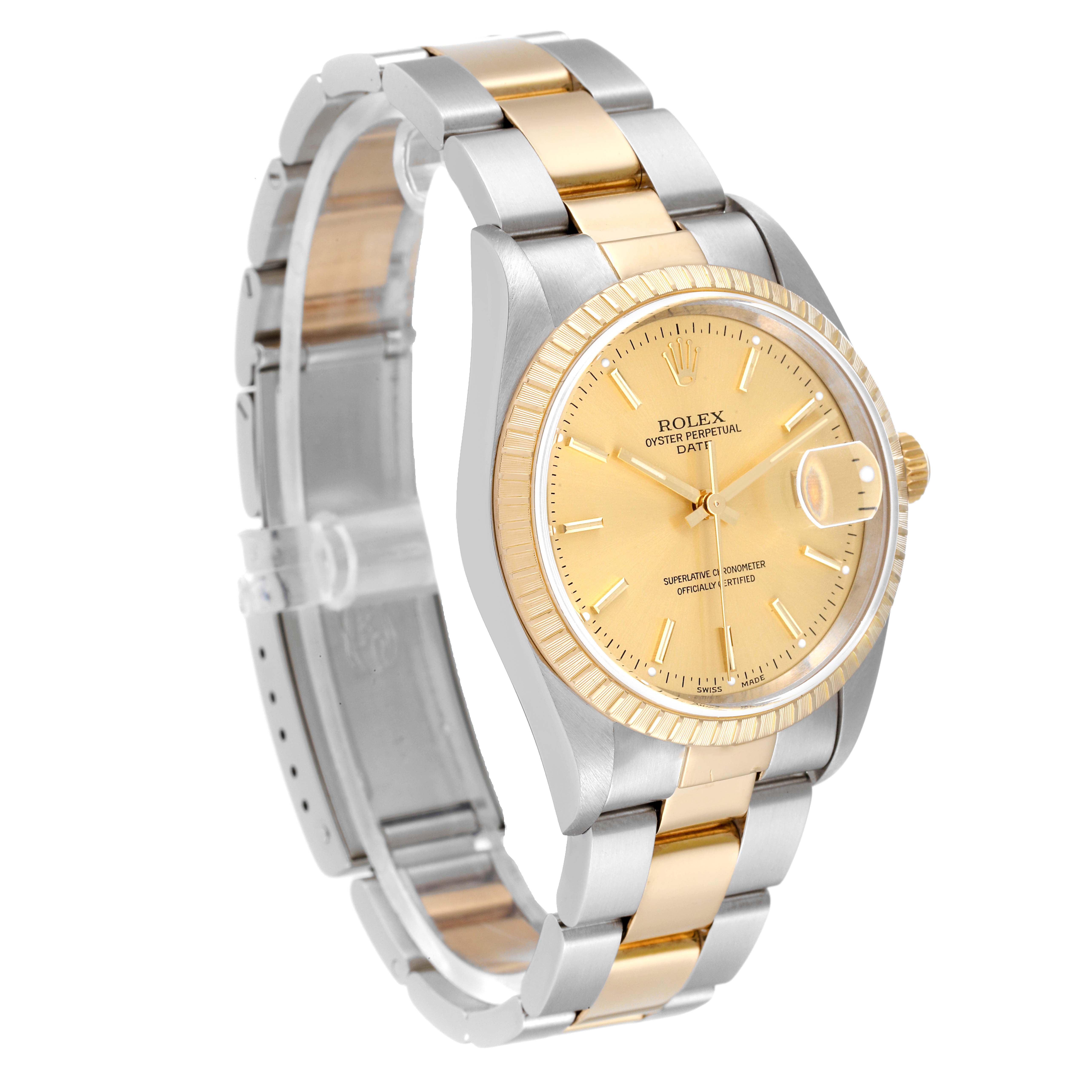 The image shows a side angle of a Rolex Oyster Perpetual Date watch, displaying the face, bezel, and two-tone bracelet.