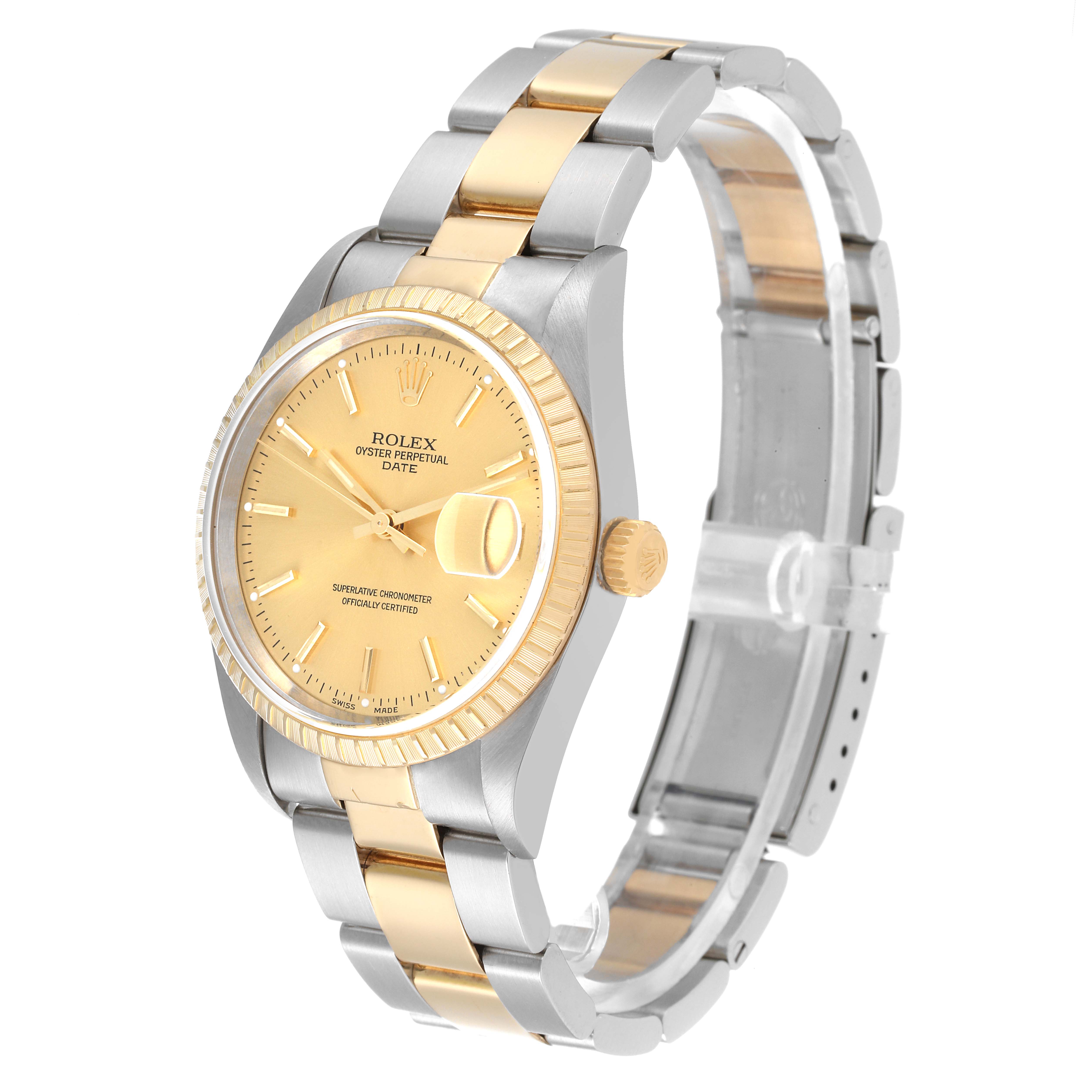 This image shows a Rolex Date 15223 Men
s Steel and Gold (two tone) Champagne Dial 15223 Men
s Steel and Gold (two tone) Champagne Dial model watch angled slightly from the side, featuring its dial, bezel, crown, and two-tone bracelet.