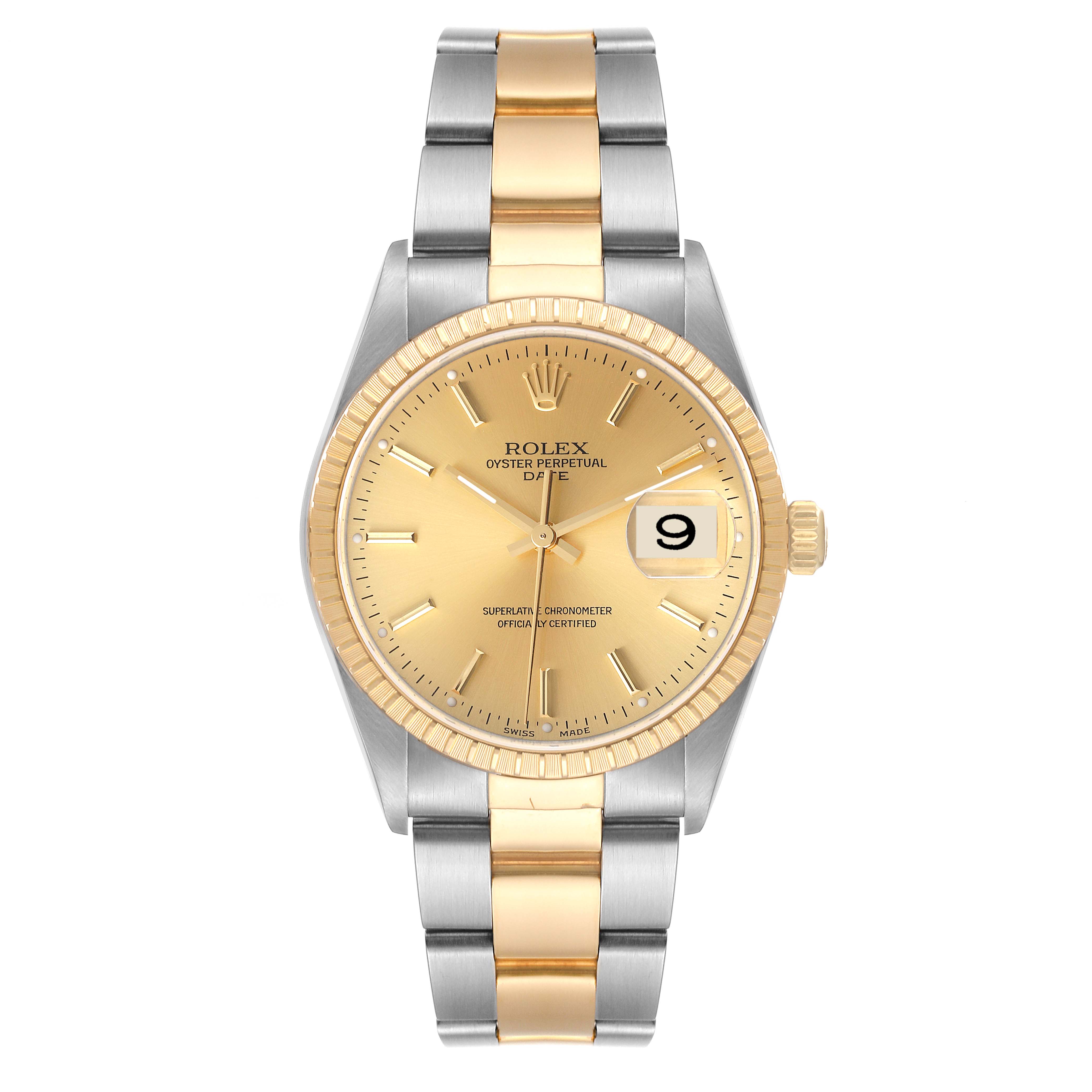This Rolex Date 15223 Men
s Steel and Gold (two tone) Champagne Dial 15223 Men
s Steel and Gold (two tone) Champagne Dial model watch is shown from a front angle, displaying the face, bezel, and two-tone bracelet.