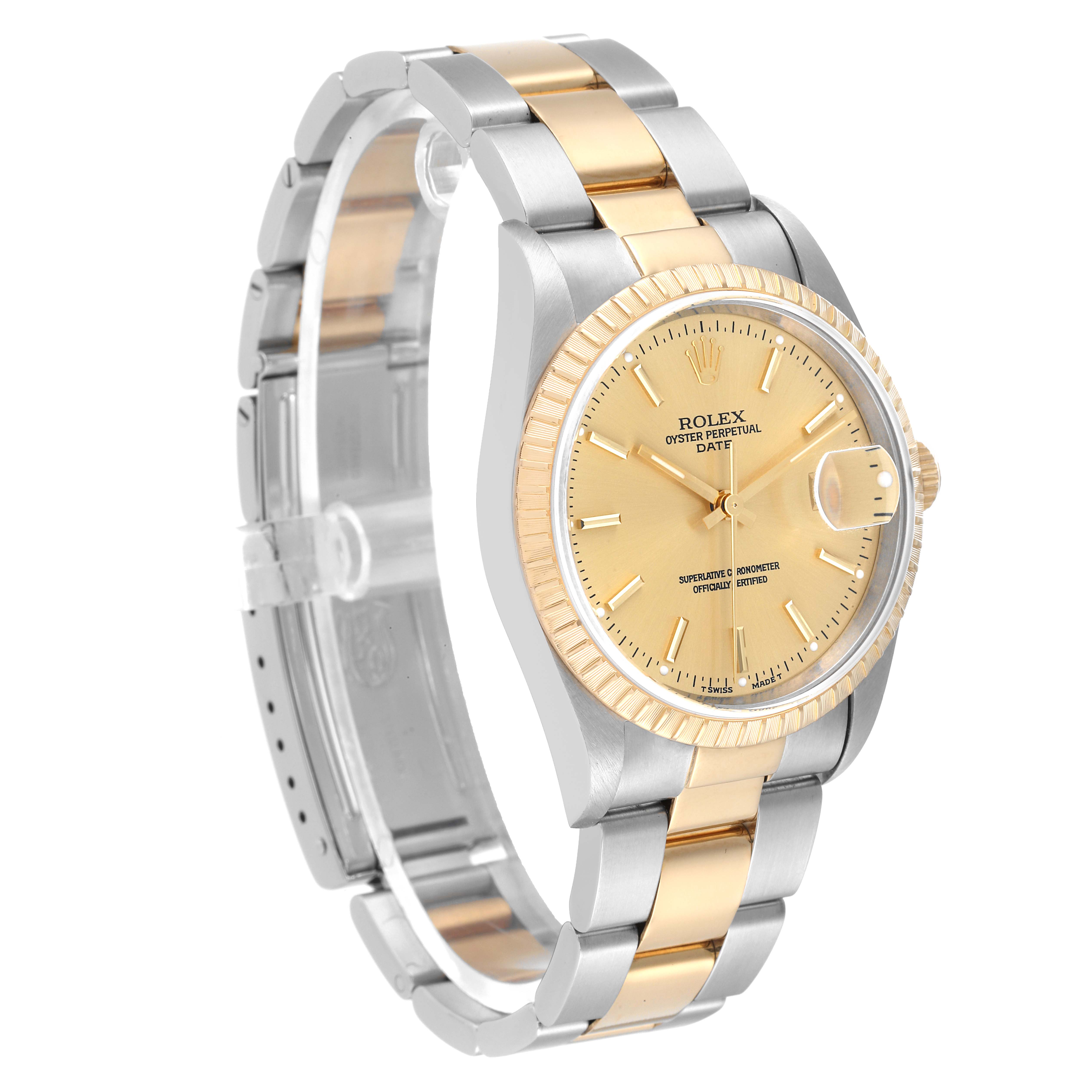 The Rolex Date 15223 Men
s Steel and Gold (two tone) Champagne Dial 15223 Men
s Steel and Gold (two tone) Champagne Dial model is shown at a three-quarter angle, highlighting its gold dial, bezel, and two-tone metal bracelet.