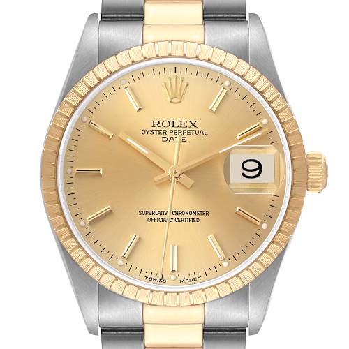 Photo of Rolex Date Steel Yellow Gold Champagne Dial Mens Watch 15223 Box Service Papers