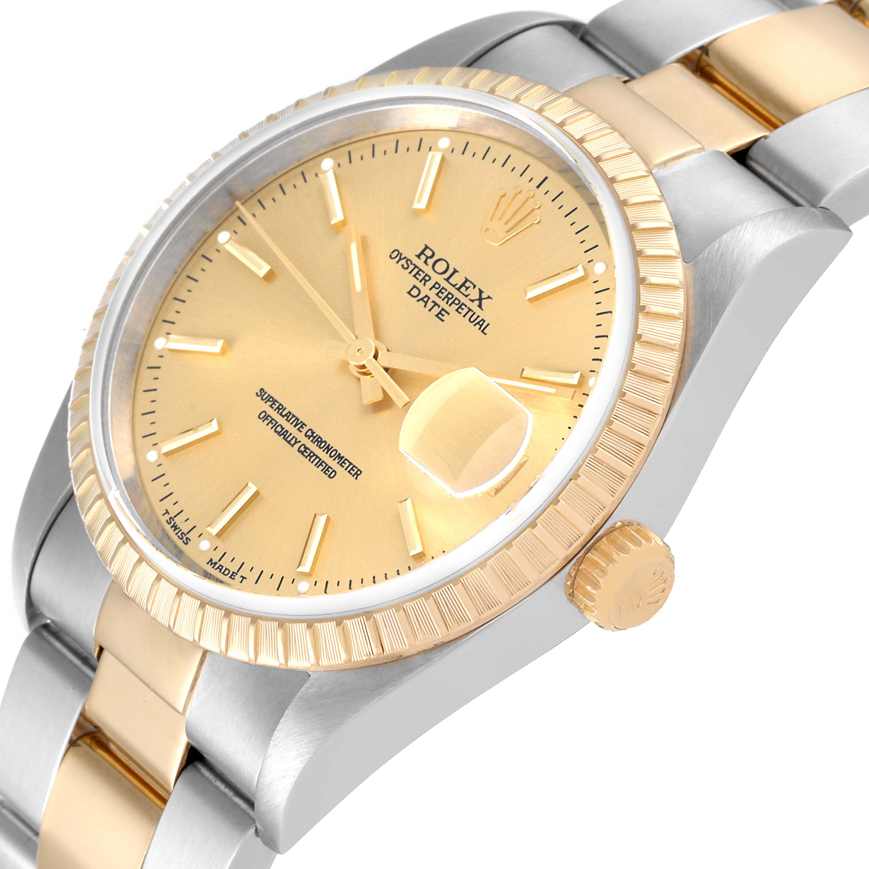 This image shows a close-up angle of the face, bezel, crown, and part of the bracelet of the Rolex Date 15223 Men
s Steel and Gold (two tone) Champagne Dial 15223 Men
s Steel and Gold (two tone) Champagne Dial model.