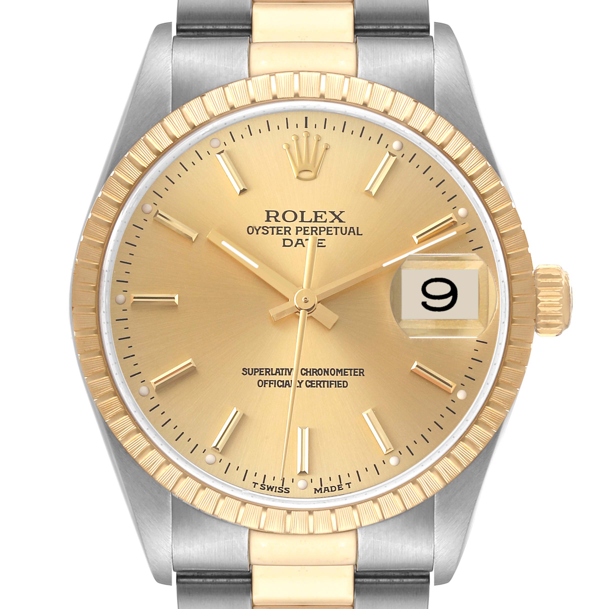 The image shows a front view of a Rolex Date 15223 Men
s Steel and Gold (two tone) Champagne Dial 15223 Men
s Steel and Gold (two tone) Champagne Dial model watch, highlighting the dial, bezel, crown, and part of the bracelet.