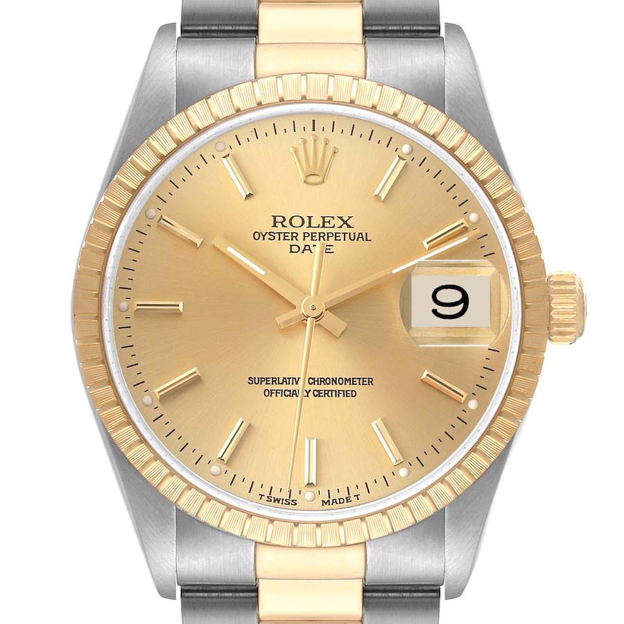 Rolex Date Steel Yellow Gold Champagne Dial Mens Watch 15223 Box Service Papers SwissWatchExpo