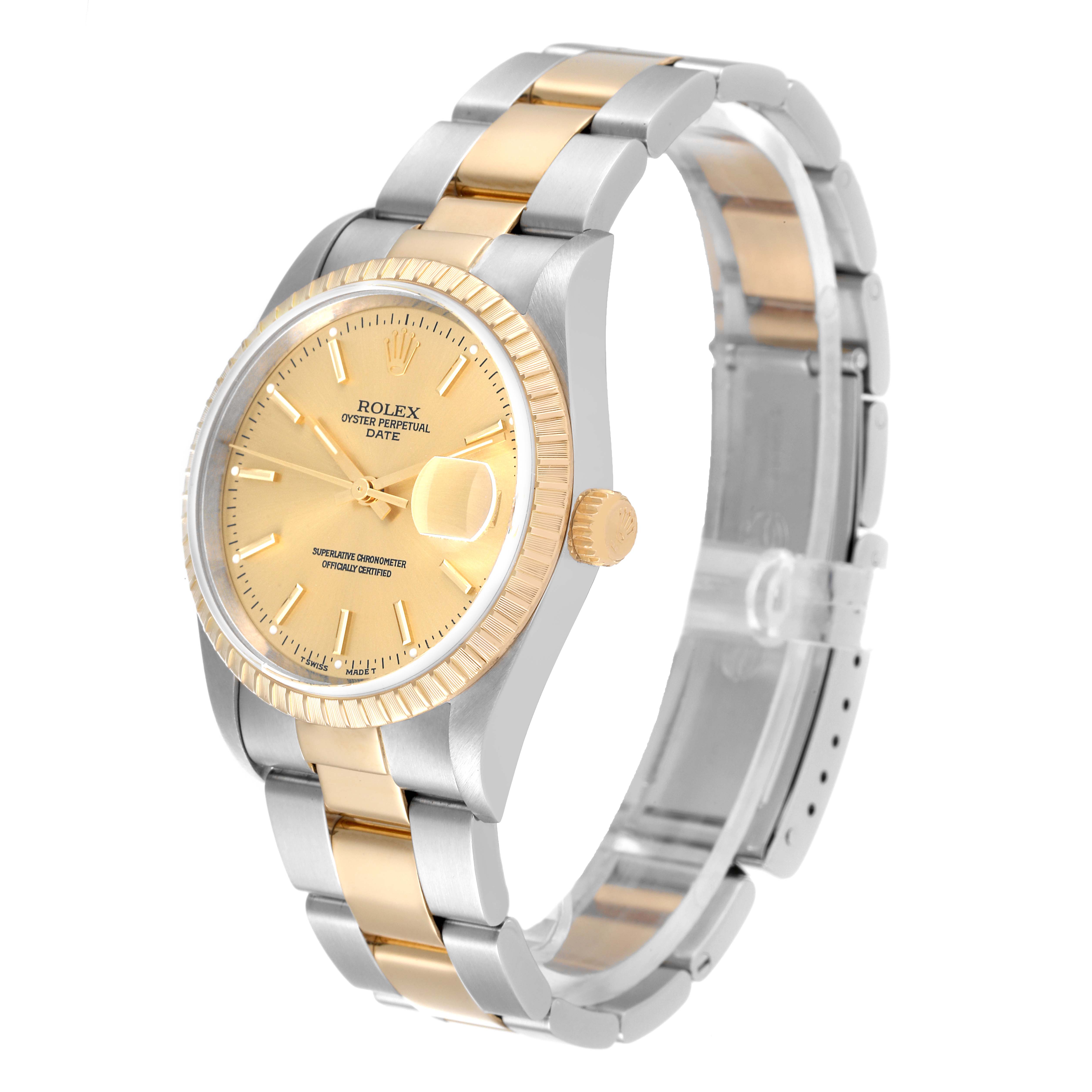 The Rolex Date 15223 Men
s Steel and Gold (two tone) Champagne Dial 15223 Men
s Steel and Gold (two tone) Champagne Dial model watch is shown at a three-quarter angle, displaying its gold dial, bezel, and two-tone bracelet.