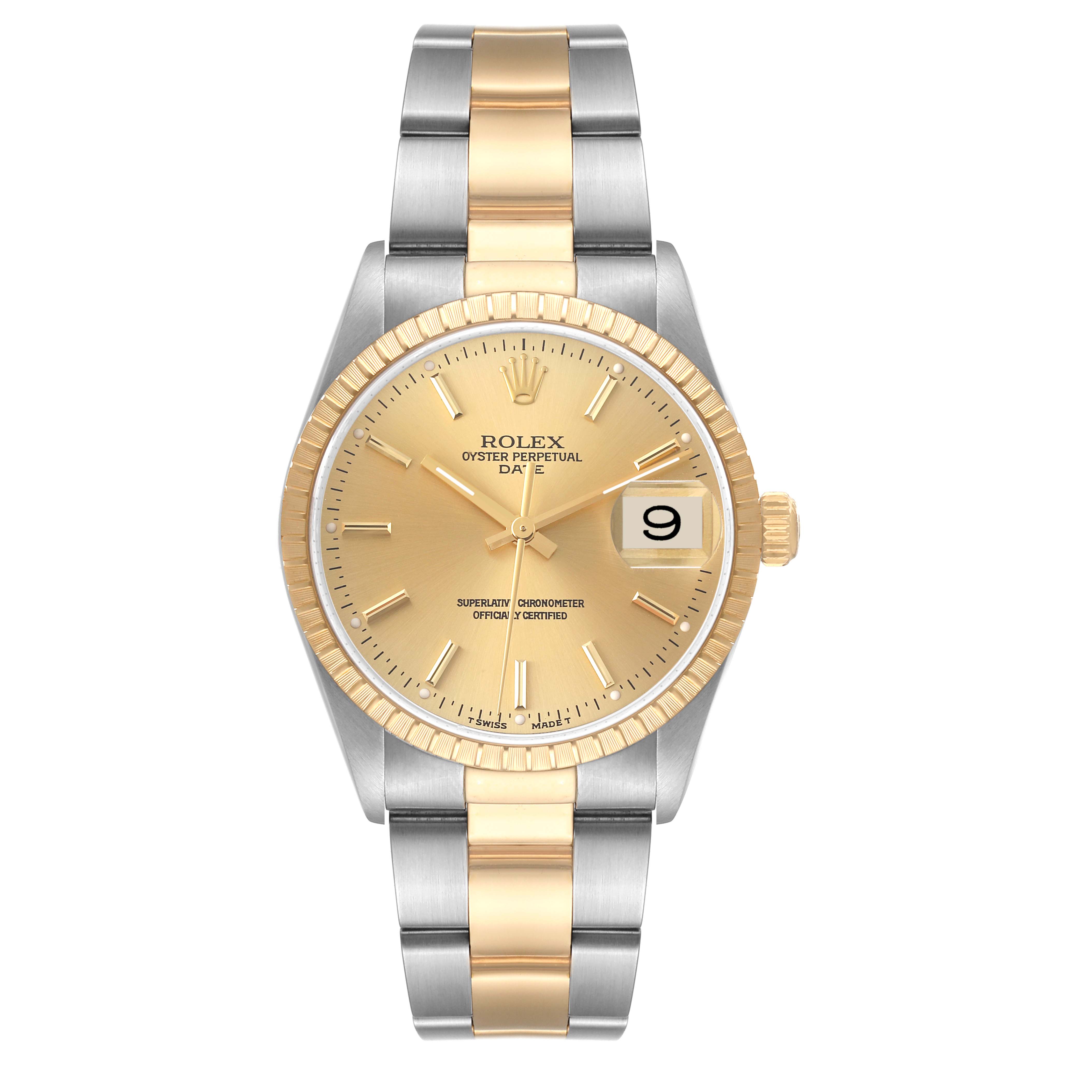 This image shows a front view of the Rolex Date 15223 Men
s Steel and Gold (two tone) Champagne Dial 15223 Men
s Steel and Gold (two tone) Champagne Dial model watch, highlighting the dial, bezel, and two-tone bracelet.