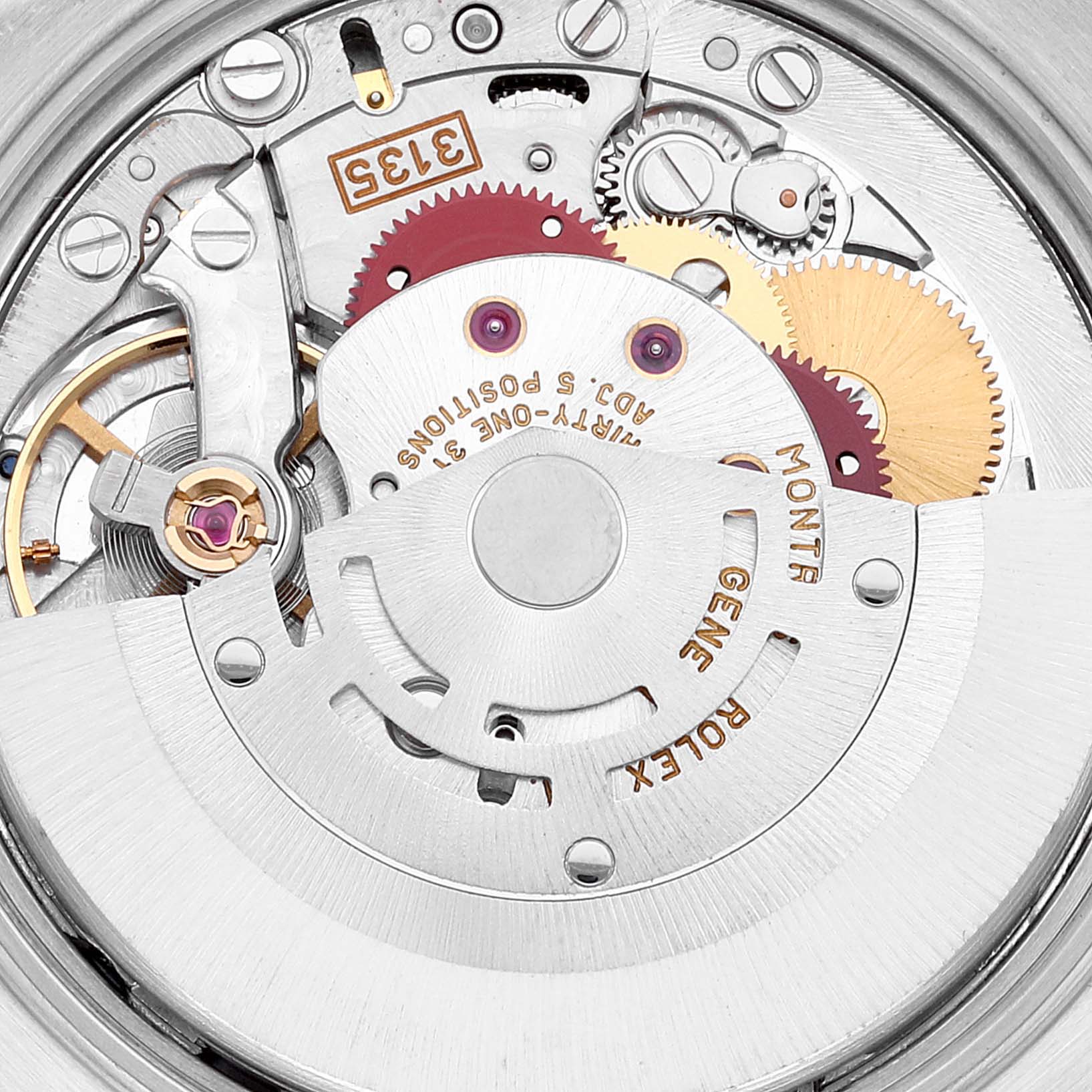 This image shows the internal mechanism of a Rolex Date 15223 Men
s Steel and Gold (two tone) Champagne Dial 15223 Men
s Steel and Gold (two tone) Champagne Dial model watch, highlighting its intricate gears and rotor from a close-up angle.