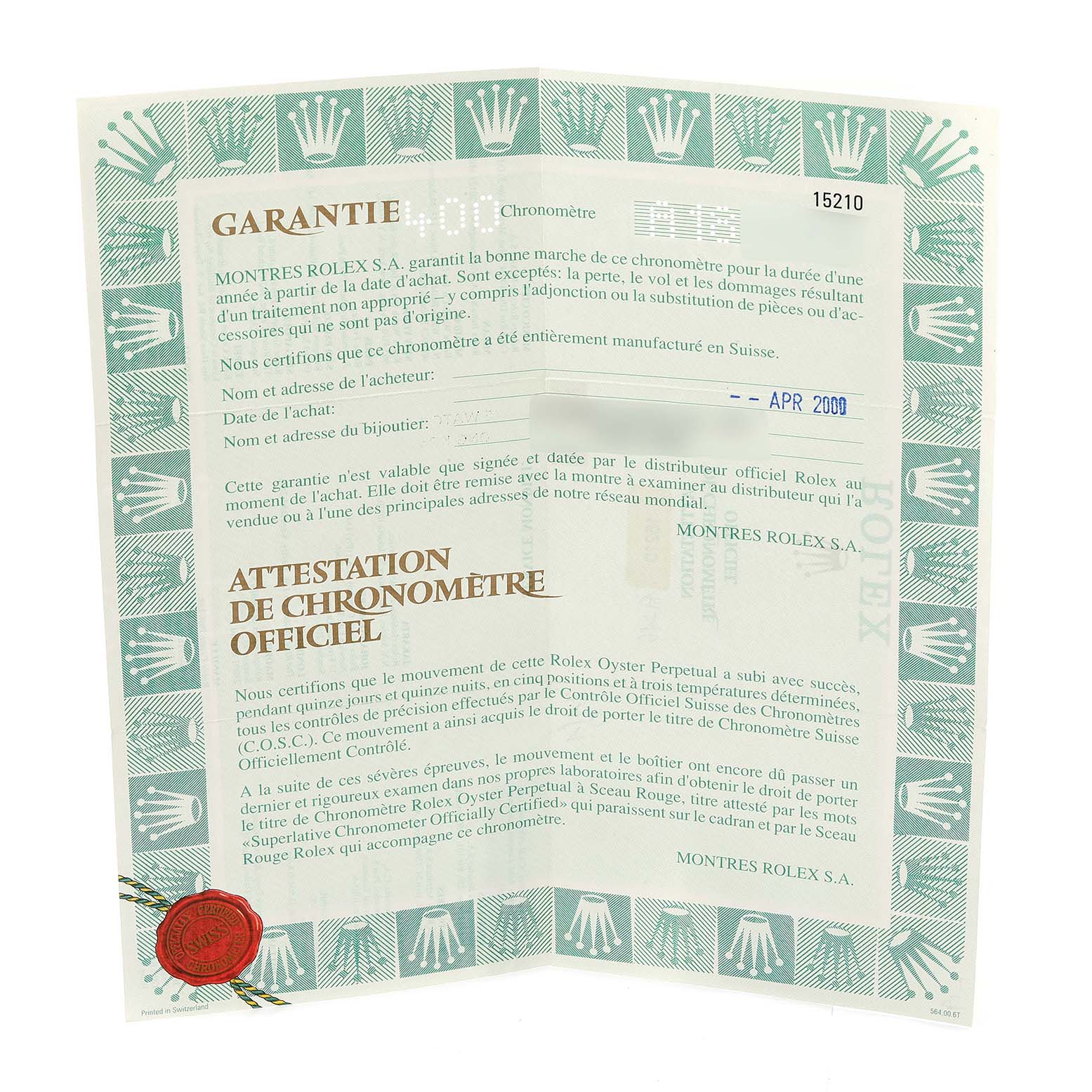 The image shows the warranty certificate for the Rolex Date 15210 Men
s Stainless Steel White Dial 15210 Men
s Stainless Steel White Dial model, including the brand
s logos and official documentation details.