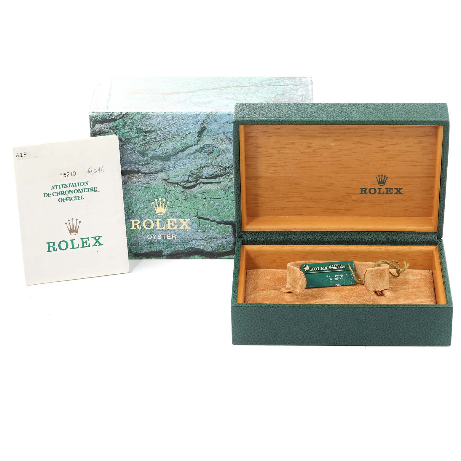 The image shows the packaging, box, and certification booklet for a Rolex Date 15210 Men
s Stainless Steel White Dial 15210 Men
s Stainless Steel White Dial model watch.
