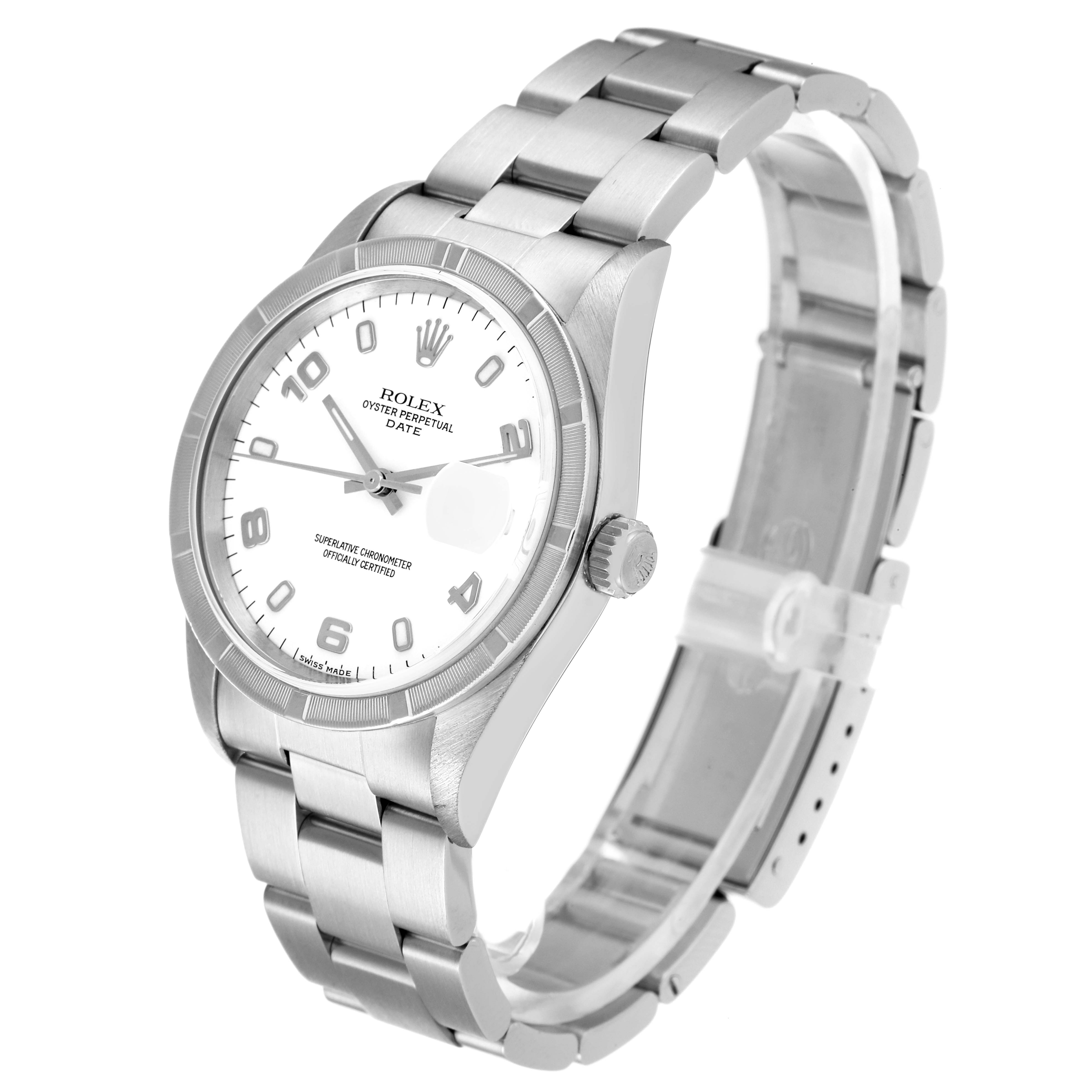 This is a Rolex Date 15210 Men
s Stainless Steel White Dial 15210 Men
s Stainless Steel White Dial model watch shown at a three-quarter angle, displaying the face, bezel, crown, and metal bracelet.