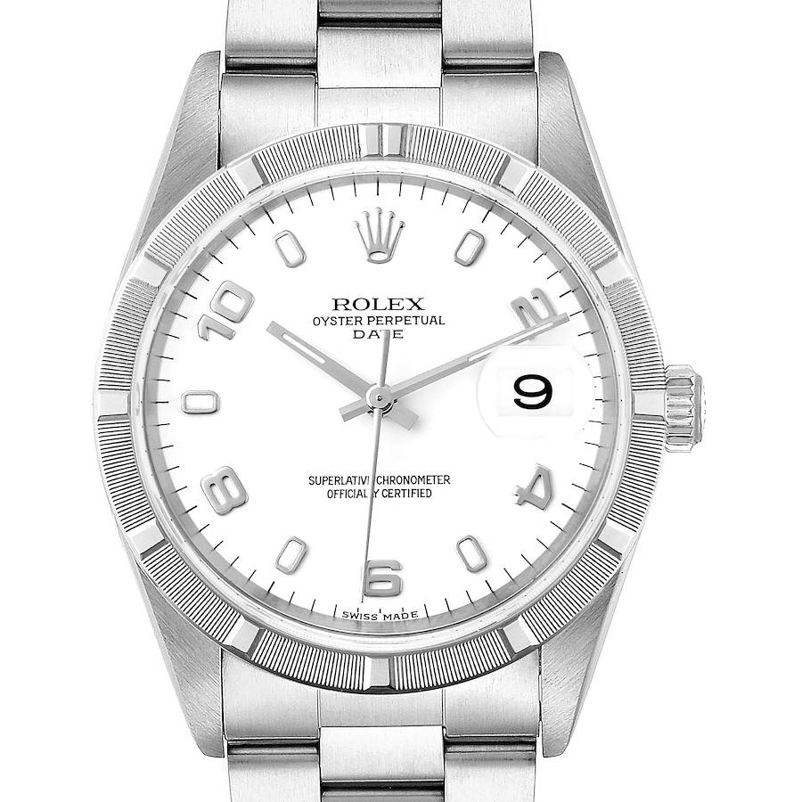 Rolex Date White Dial Engine Turned Bezel Steel Mens Watch 15210 Box Papers SwissWatchExpo