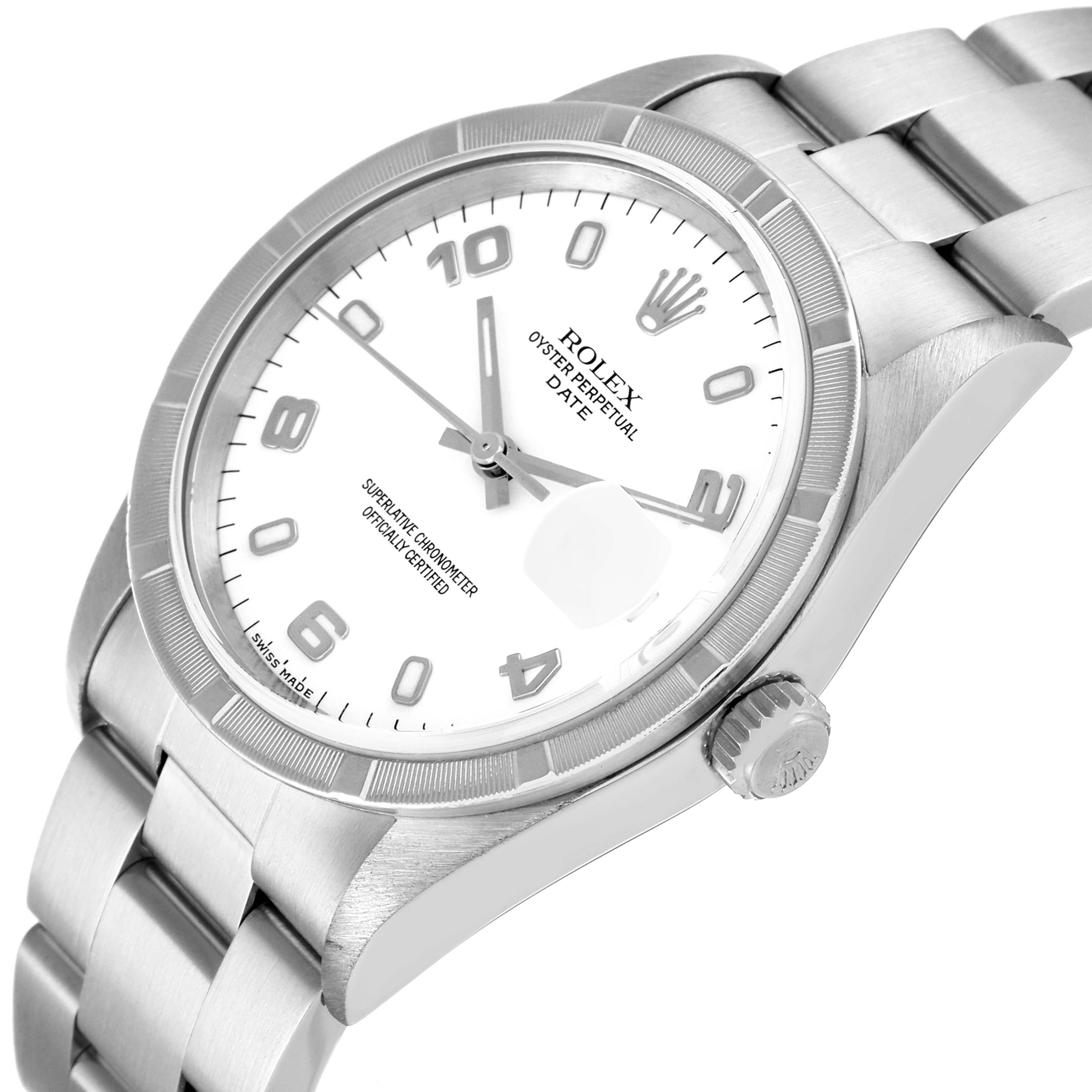 The image shows a Rolex Date 15210 Men
s Stainless Steel White Dial 15210 Men
s Stainless Steel White Dial model watch from a close-up angle, highlighting the face, crown, and bracelet.