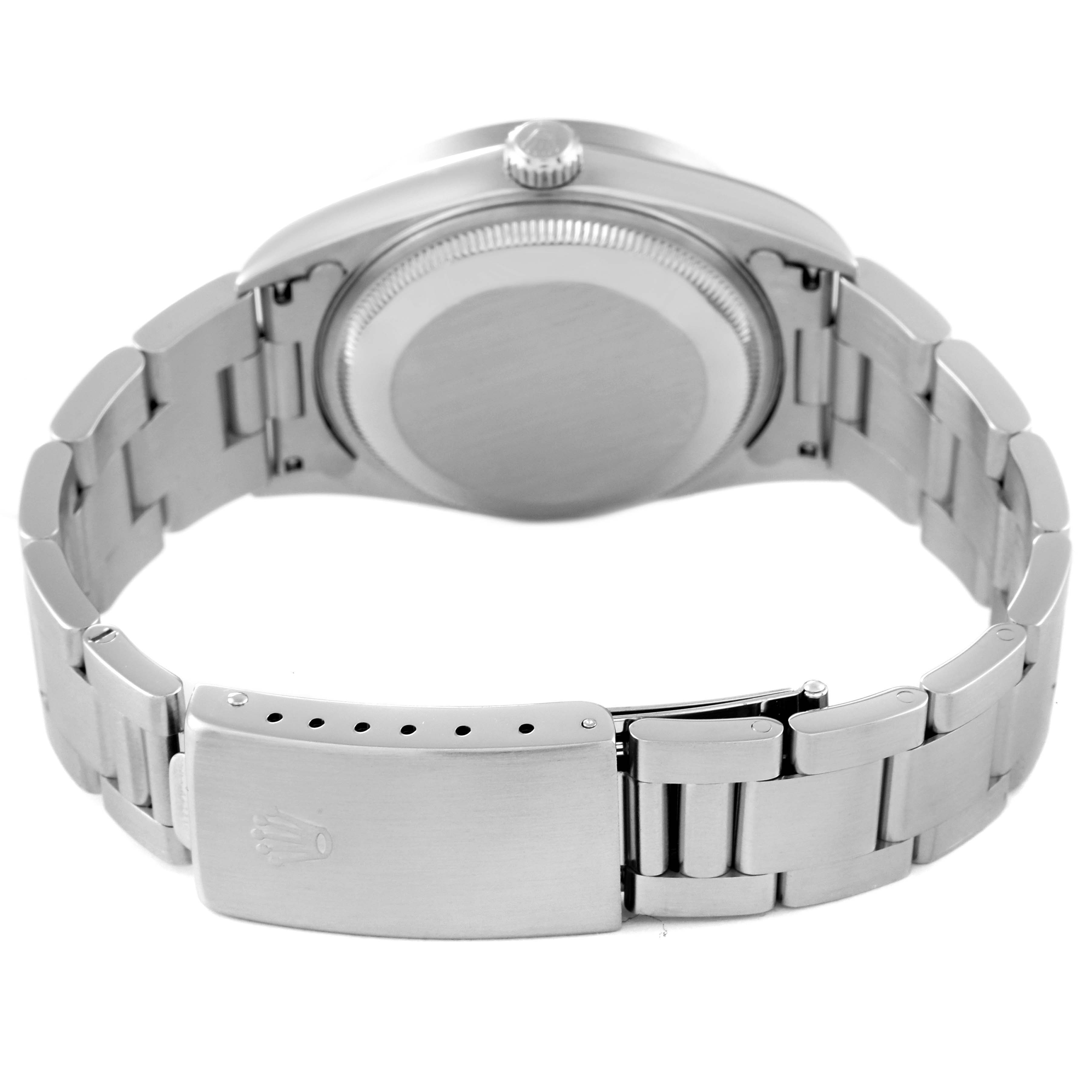 This image shows the back case and bracelet clasp of a Rolex Date 15210 Men
s Stainless Steel White Dial 15210 Men
s Stainless Steel White Dial model watch viewed from a rear angle.