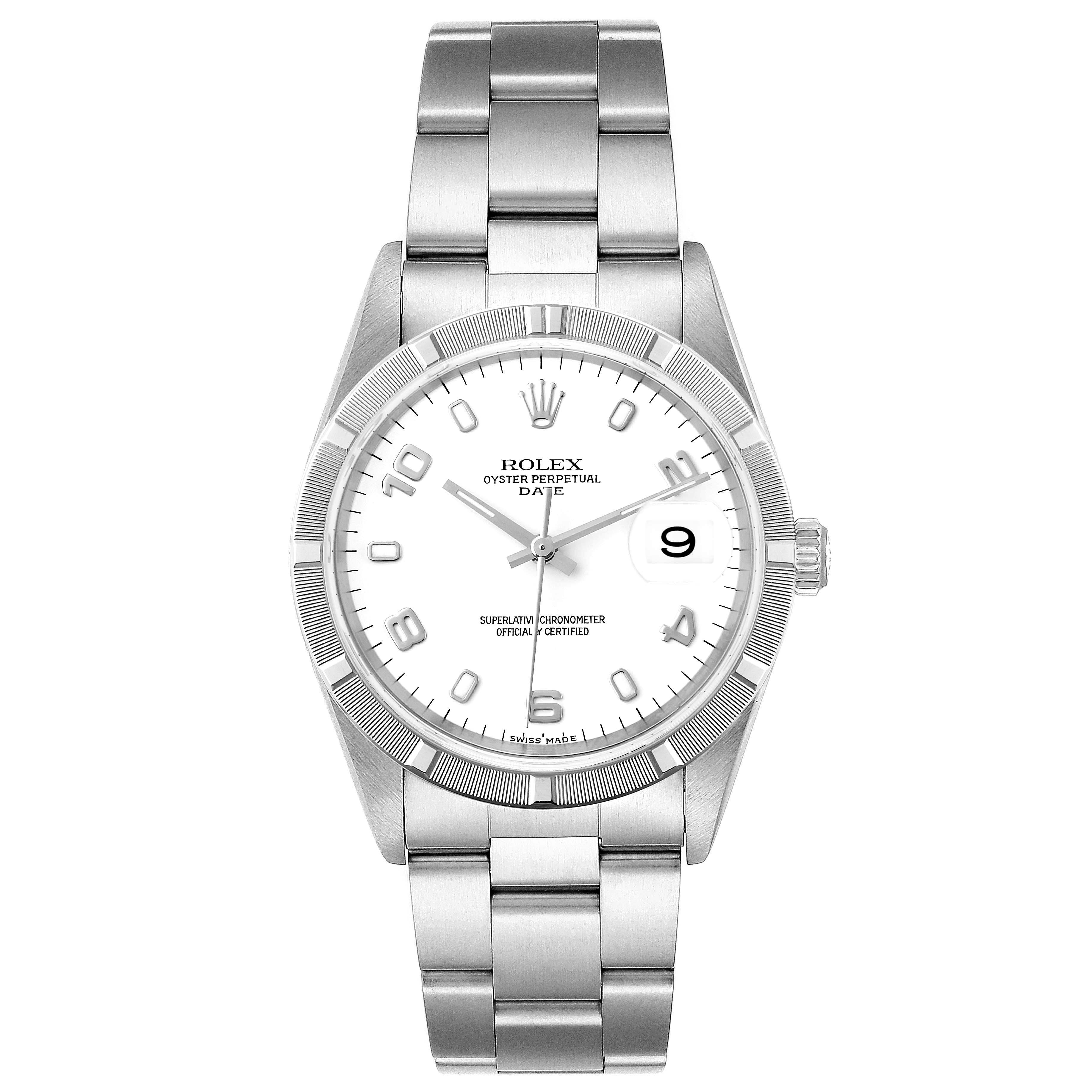 The image shows a front view of a Rolex Date 15210 Men
s Stainless Steel White Dial 15210 Men
s Stainless Steel White Dial model watch, featuring its dial, bezel, bracelet, and crown.