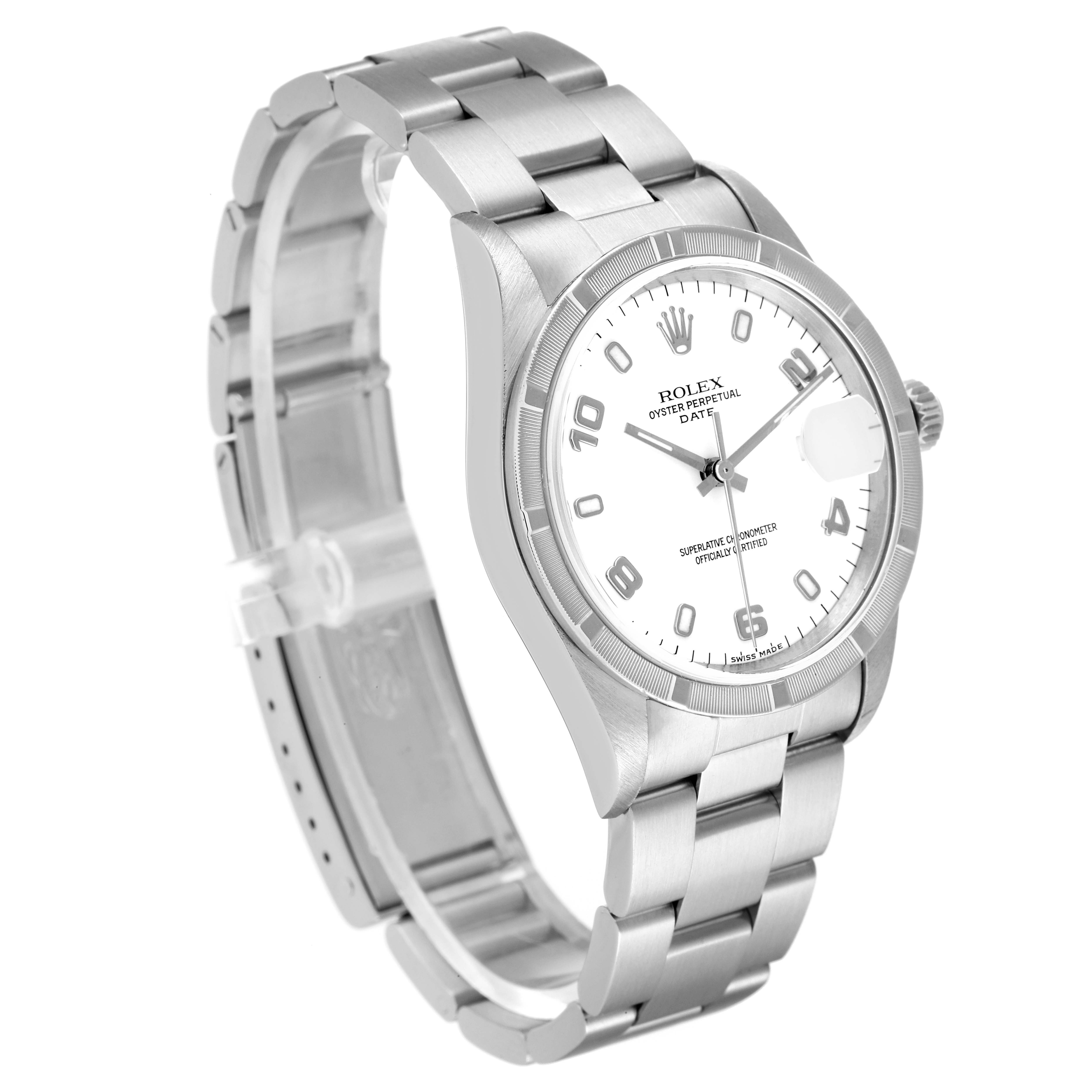 This image shows a Rolex Date 15210 Men
s Stainless Steel White Dial 15210 Men
s Stainless Steel White Dial watch with a stainless steel bracelet, case, and dial from a three-quarter angle.