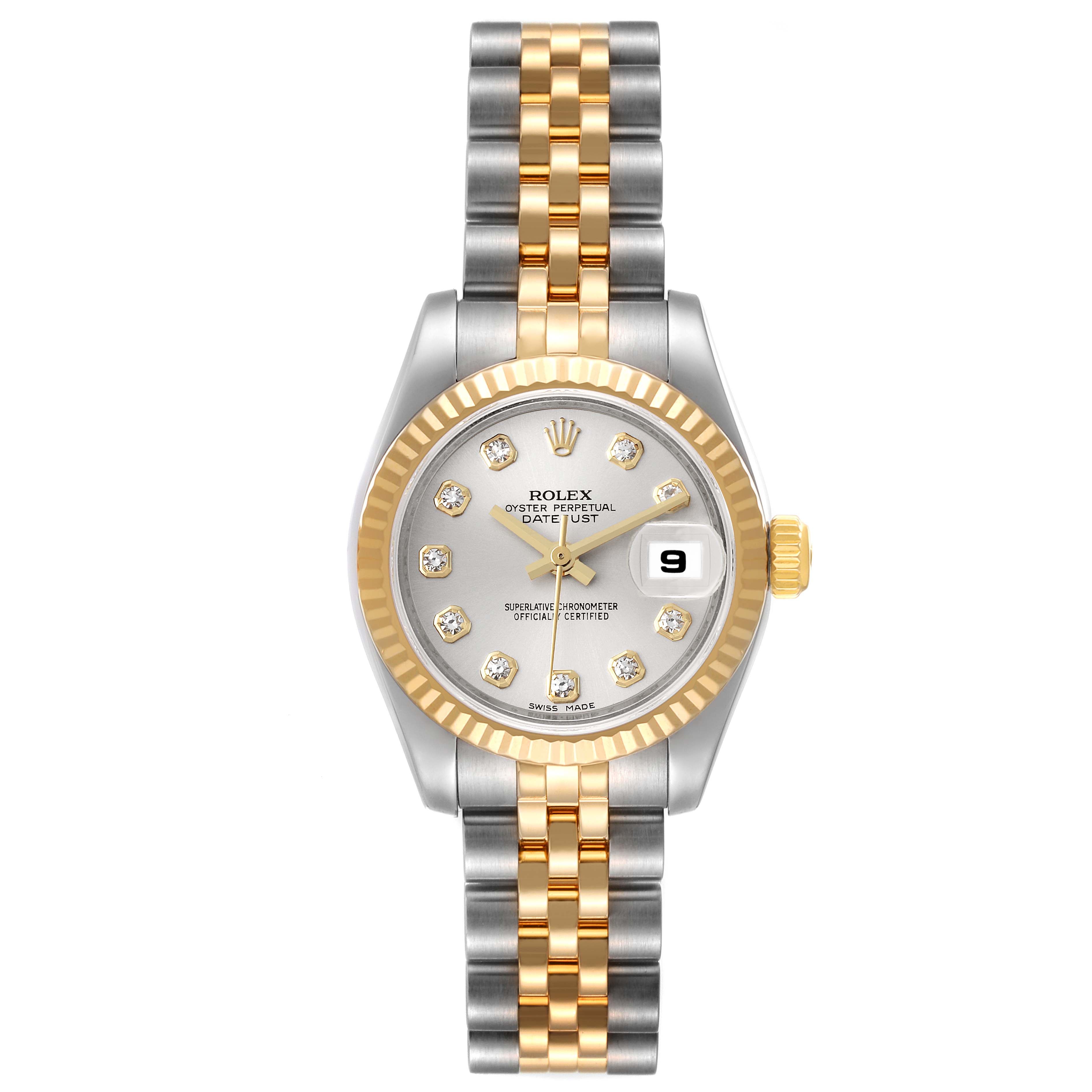 The Rolex Datejust 179173 Women's Steel and Gold (two tone) Silver Dial 179173 Women's Steel and Gold (two tone) Silver Dial watch is shown from a top-down angle, highlighting its face, bezel, and two-tone bracelet.