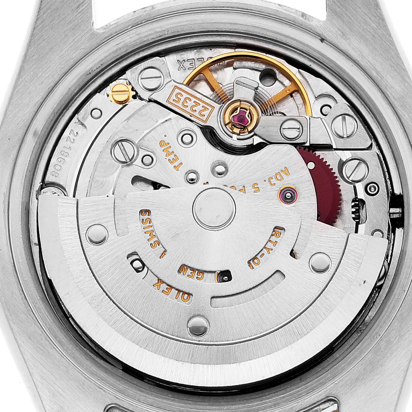 The image shows the inner mechanism of the Rolex Datejust 179173 Women's Steel and Gold (two tone) Silver Dial 179173 Women's Steel and Gold (two tone) Silver Dial watch from a back angle, highlighting the movement and rotor.