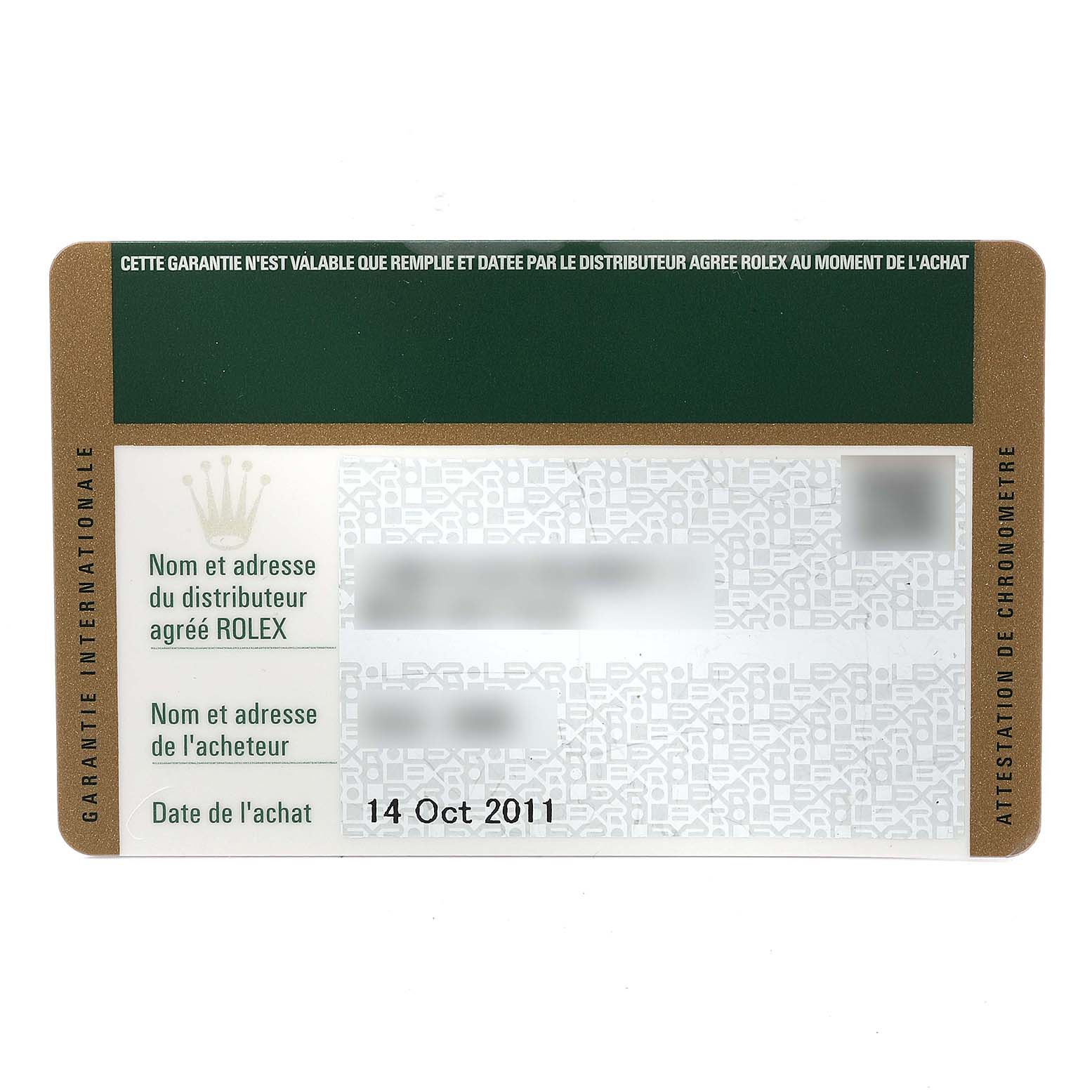 This image shows the warranty card for a Rolex Datejust 179173 Women's Steel and Gold (two tone) Silver Dial 179173 Women's Steel and Gold (two tone) Silver Dial model, detailing the purchase date and dealer information.