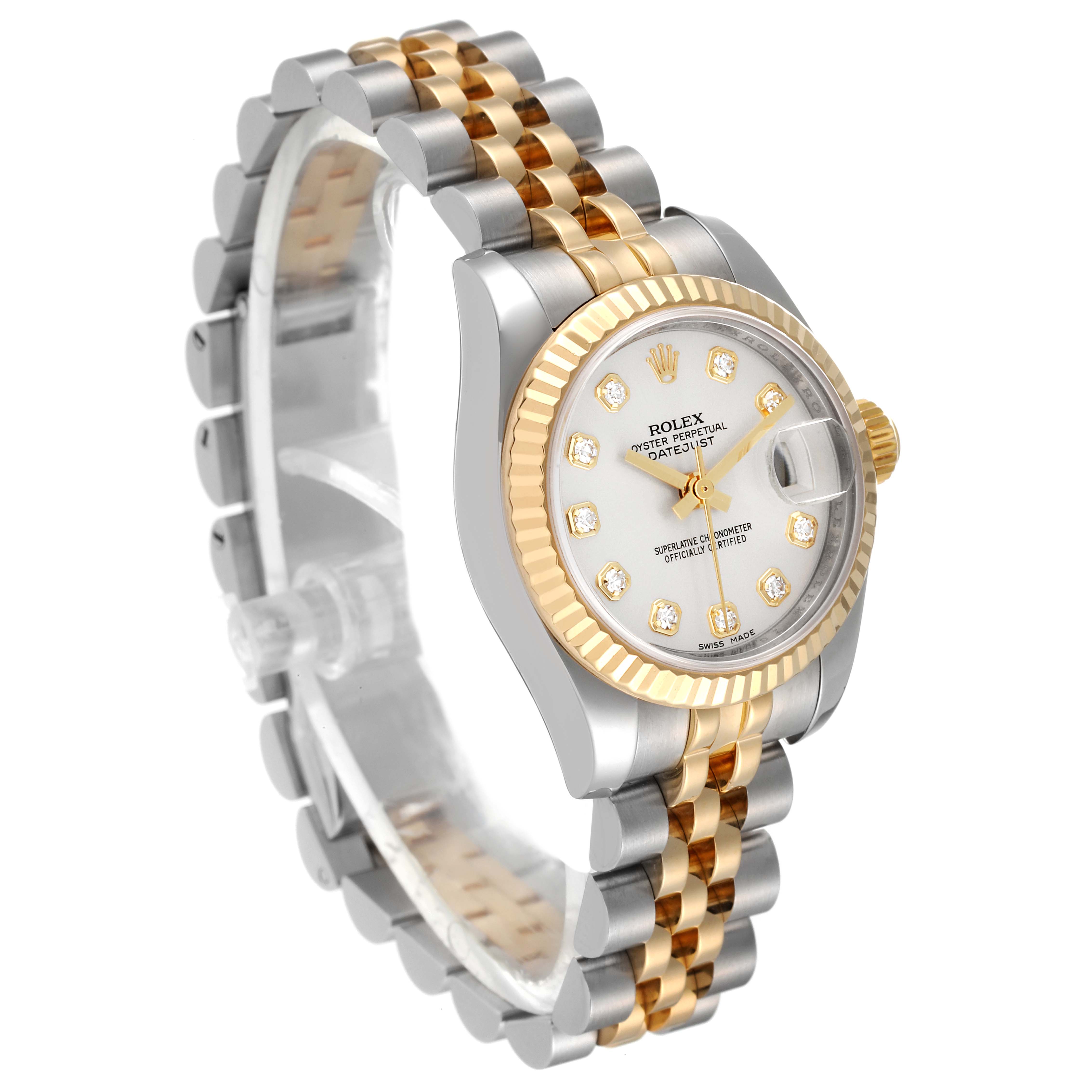 The Rolex Datejust 179173 Women's Steel and Gold (two tone) Silver Dial 179173 Women's Steel and Gold (two tone) Silver Dial watch is shown at an oblique angle displaying its face, bezel, crown, and two-tone bracelet.