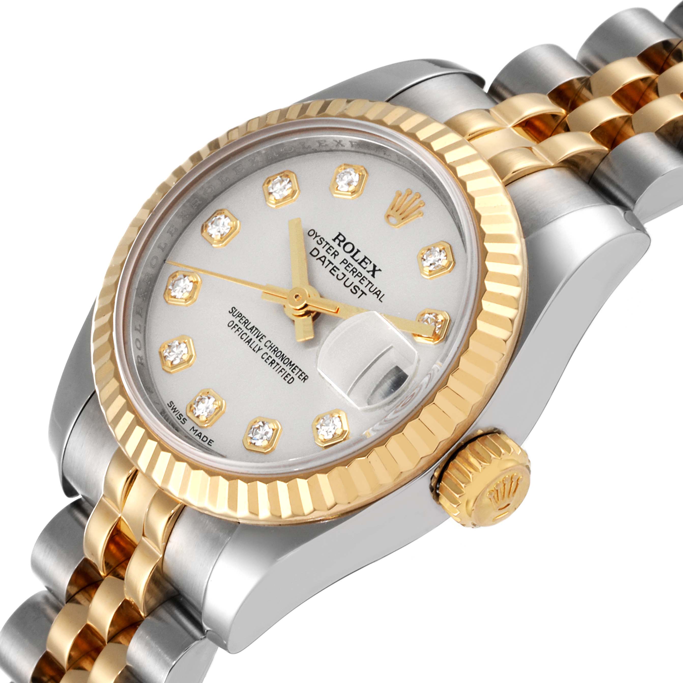 This image shows a side angle of the Rolex Datejust 179173 Women's Steel and Gold (two tone) Silver Dial 179173 Women's Steel and Gold (two tone) Silver Dial watch, highlighting its bezel, dial, and part of the bracelet.