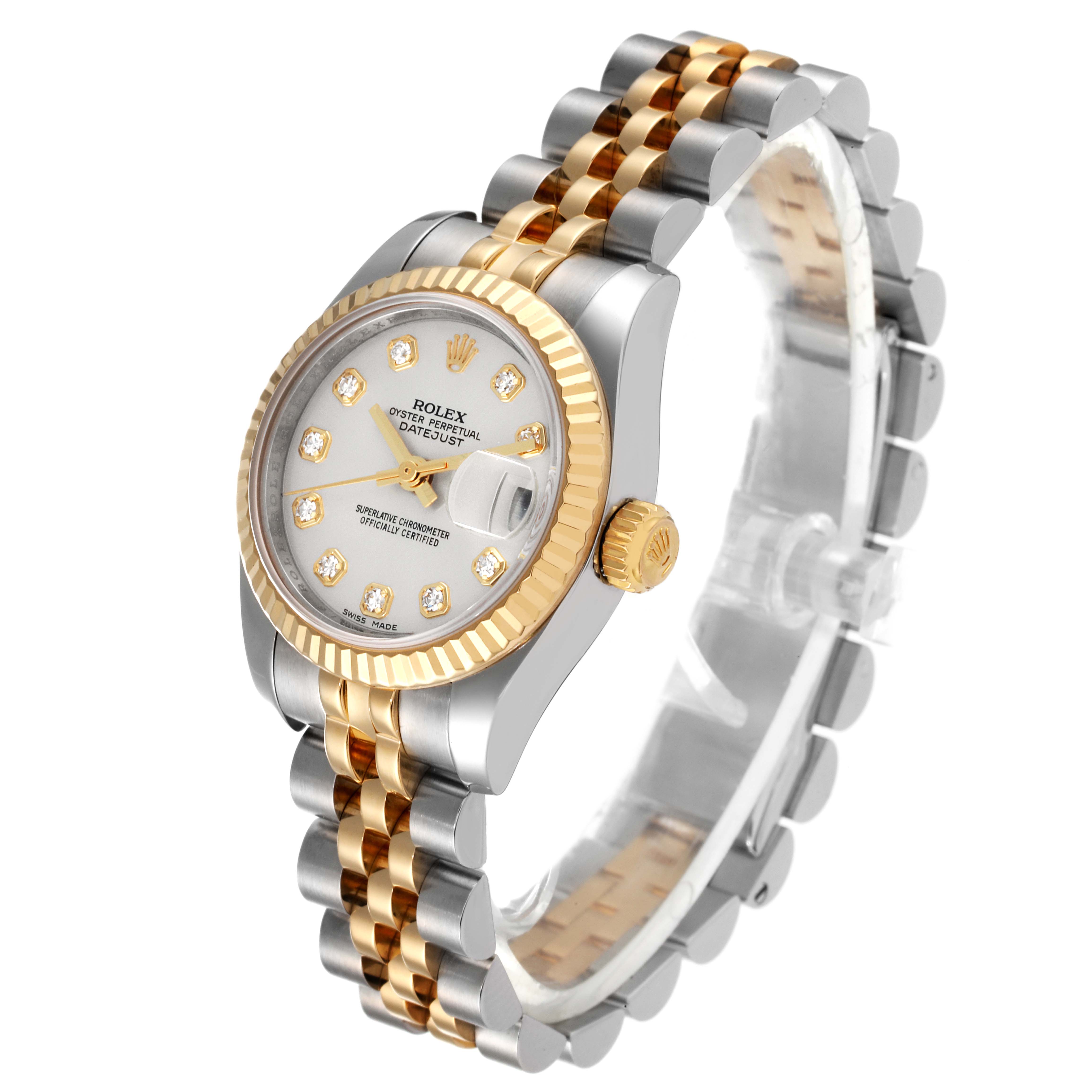 The image shows a Rolex Datejust 179173 Women's Steel and Gold (two tone) Silver Dial 179173 Women's Steel and Gold (two tone) Silver Dial watch at a three-quarter angle, highlighting its dial, fluted bezel, and Jubilee bracelet.