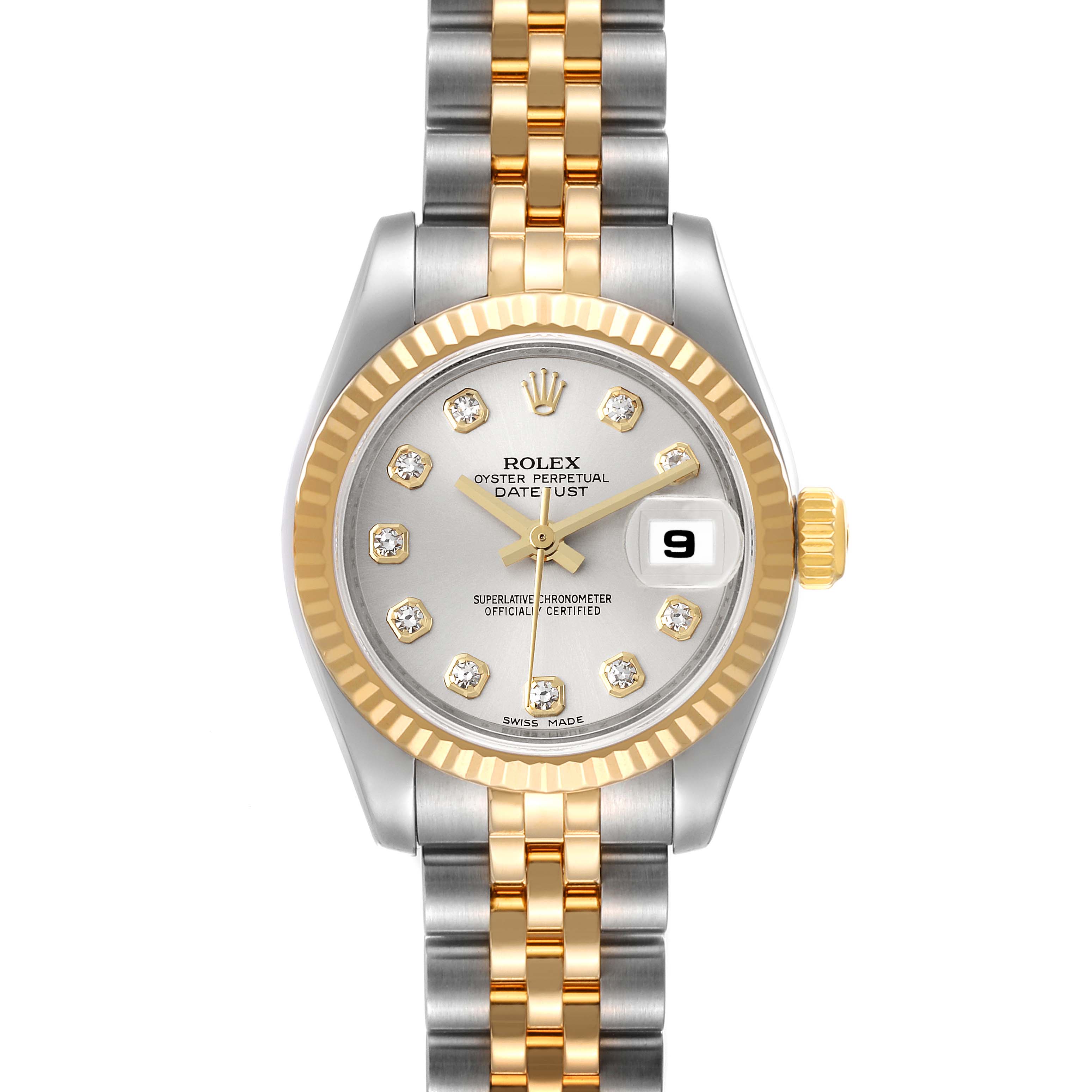 This Rolex Datejust 179173 Women's Steel and Gold (two tone) Silver Dial 179173 Women's Steel and Gold (two tone) Silver Dial watch is viewed from the front, showing the face, bracelet, bezel, hands, and date window.