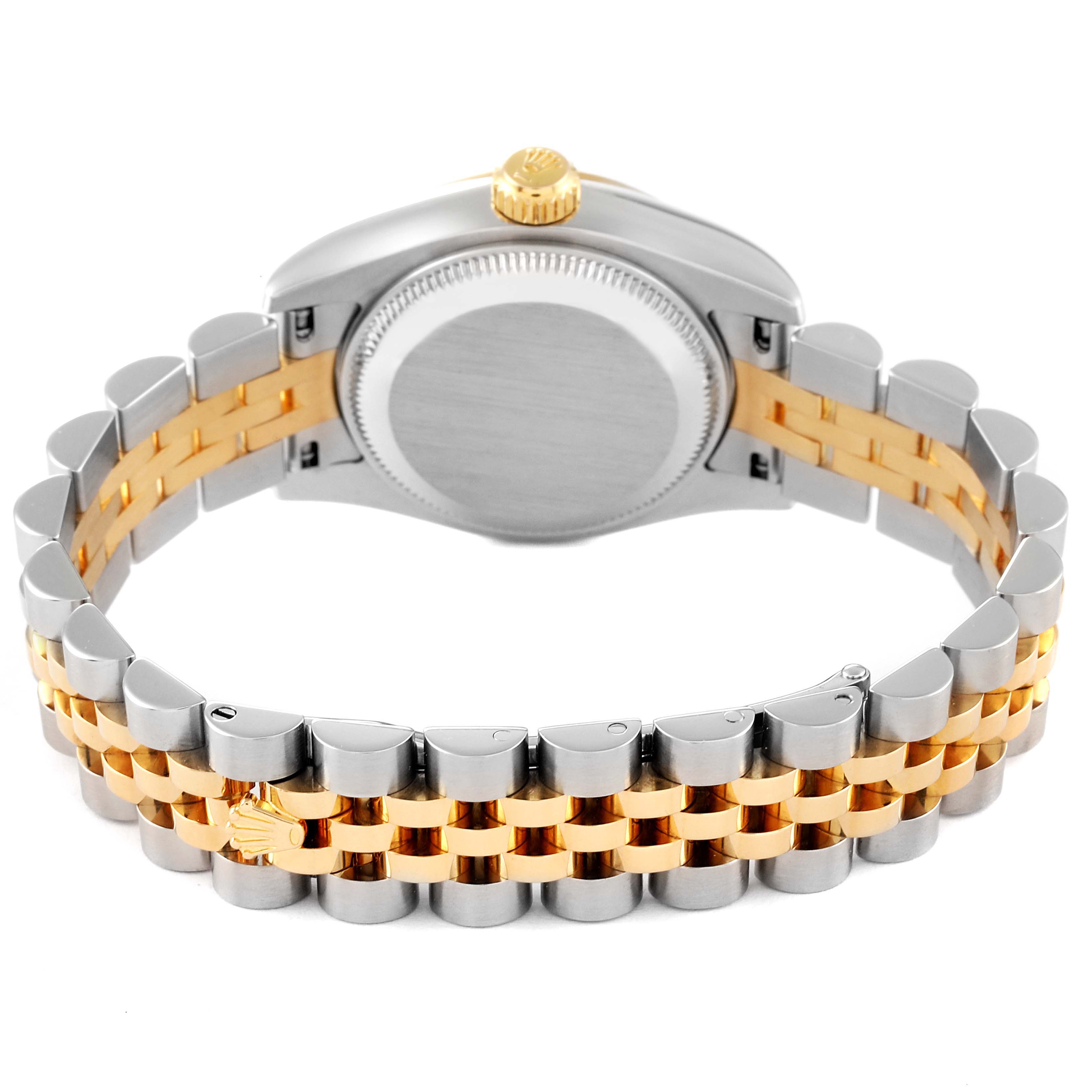 This image shows the case back and two-tone bracelet of a Rolex Datejust 179173 Women's Steel and Gold (two tone) Silver Dial 179173 Women's Steel and Gold (two tone) Silver Dial watch from a rear angle.