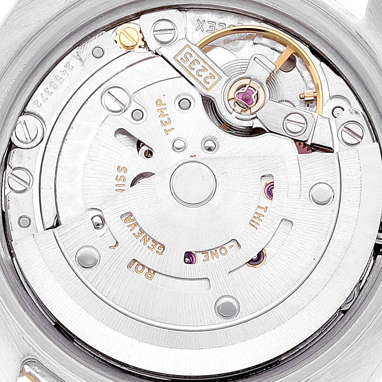 This image shows a close-up view of the movement mechanism inside a Rolex Datejust 179173 Women's Steel and Gold (two tone) Silver Dial 179173 Women's Steel and Gold (two tone) Silver Dial watch.