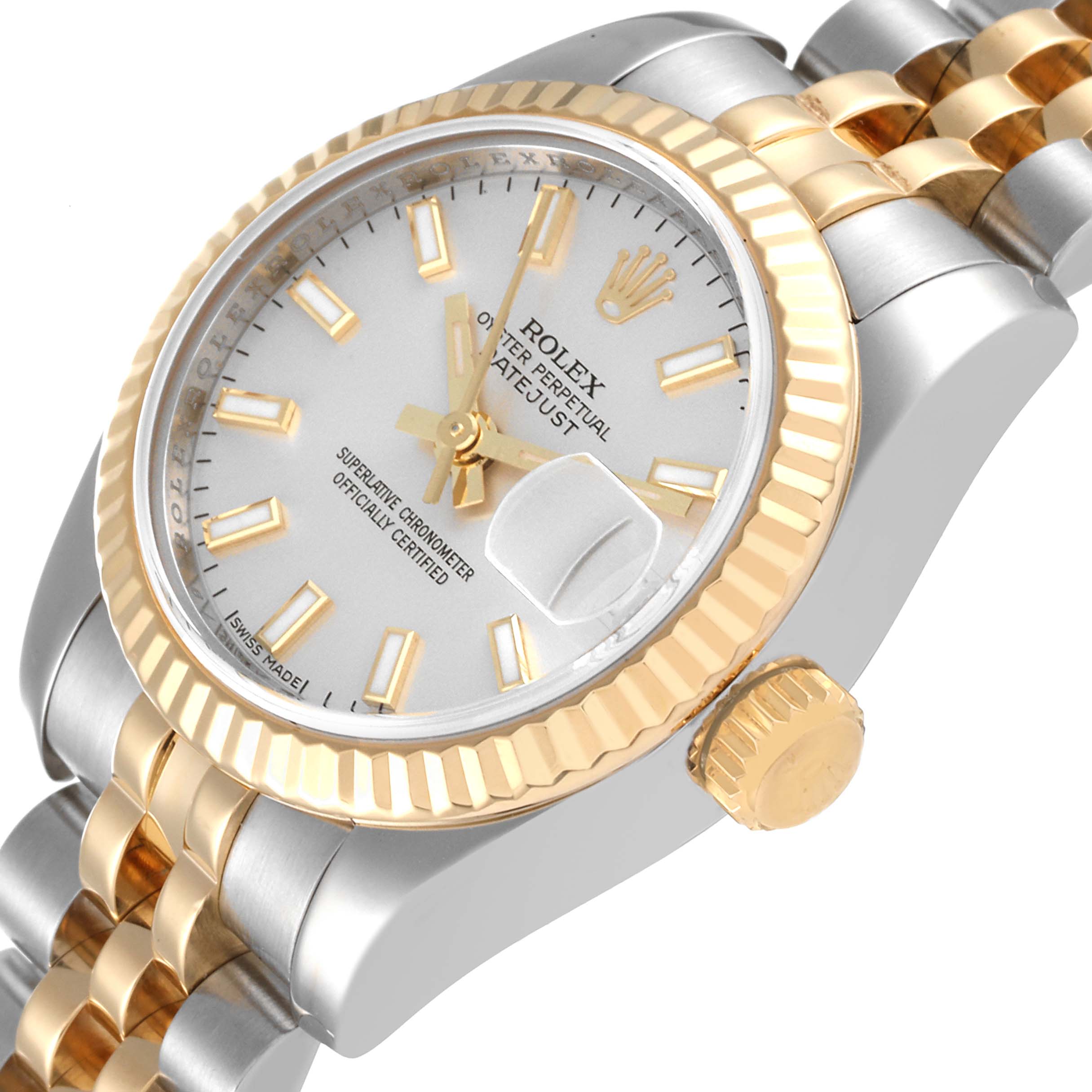 The image shows a Rolex Datejust 179173 Women's Steel and Gold (two tone) Silver Dial 179173 Women's Steel and Gold (two tone) Silver Dial watch from an angled top view, highlighting the dial, bezel, crown, and part of the bracelet.